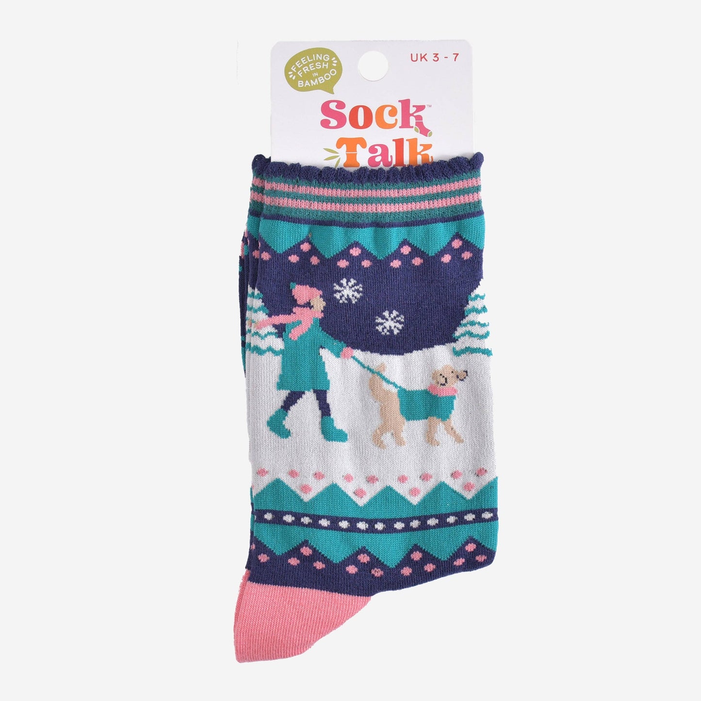 Sock Talk Women's Golden Retriever Walk Bamboo Socks - Navy Blue / Pink
