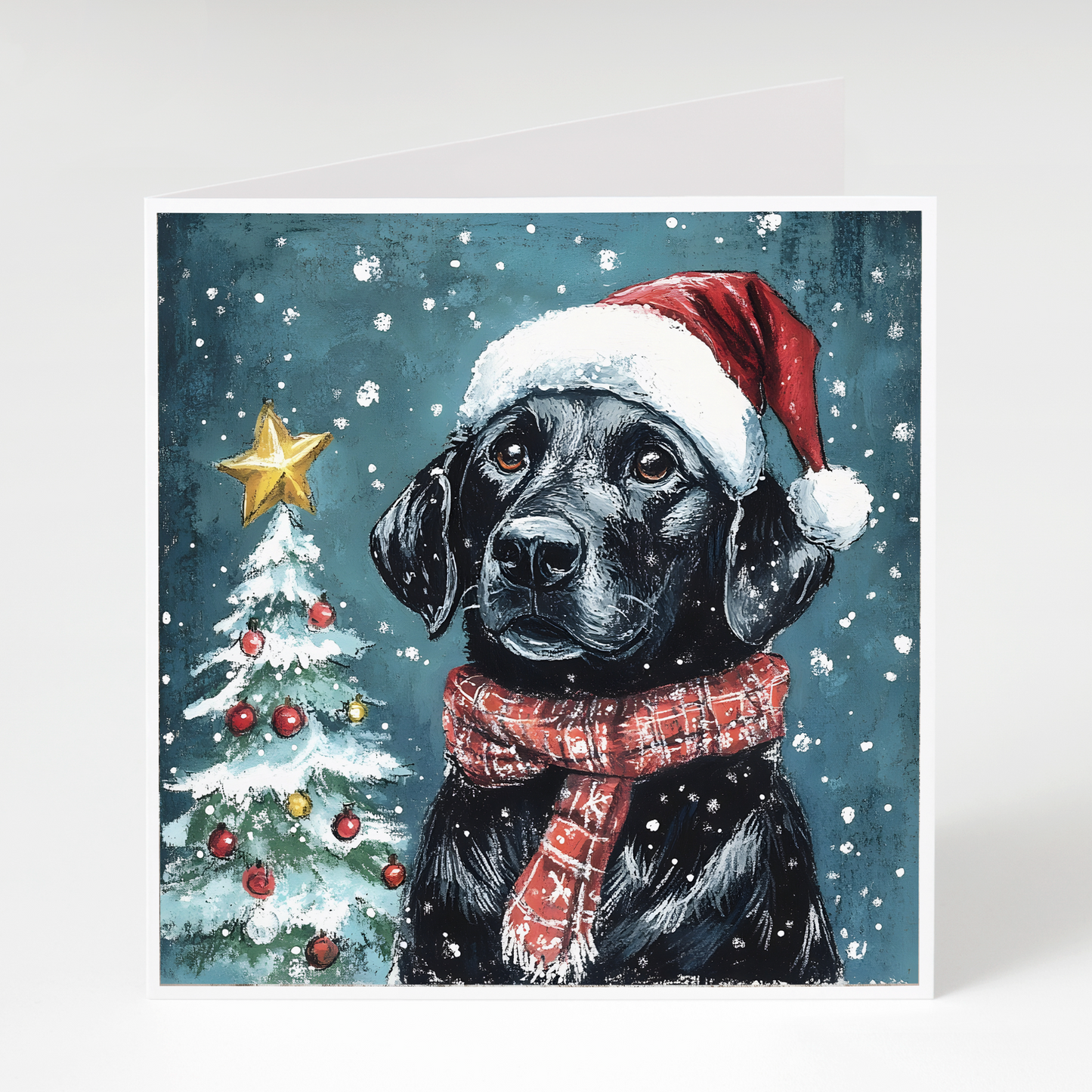 Painting of a black labrador wearing a Santa hat and scarf with a Christmas tree in the background.