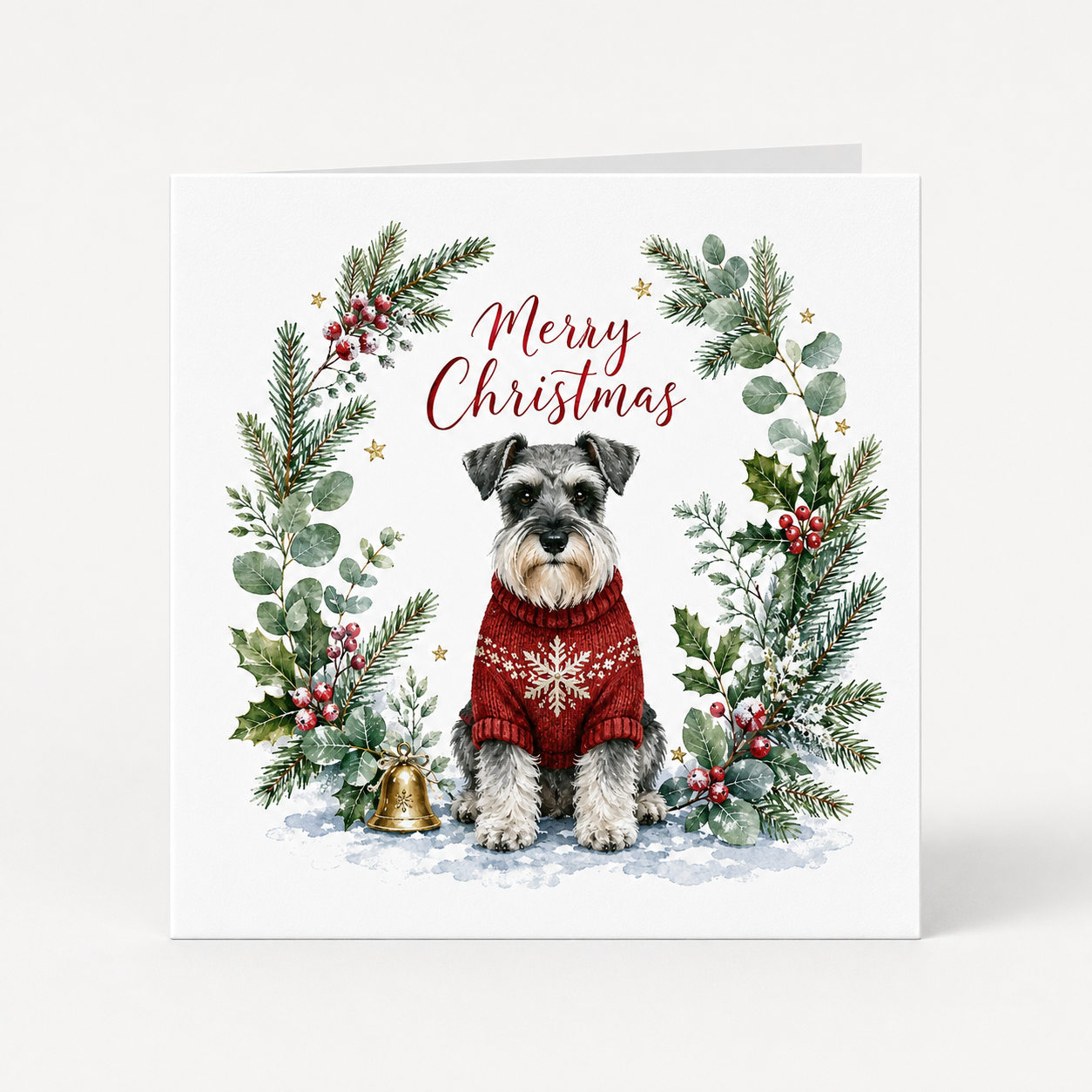 Folded Schnauzer Christmas card featuring a grey Schnauzer in a red snowflake jumper surrounded by festive winter foliage.