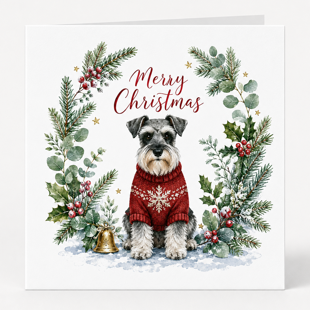Folded Schnauzer Christmas card featuring a grey Schnauzer in a red snowflake jumper surrounded by festive winter foliage.