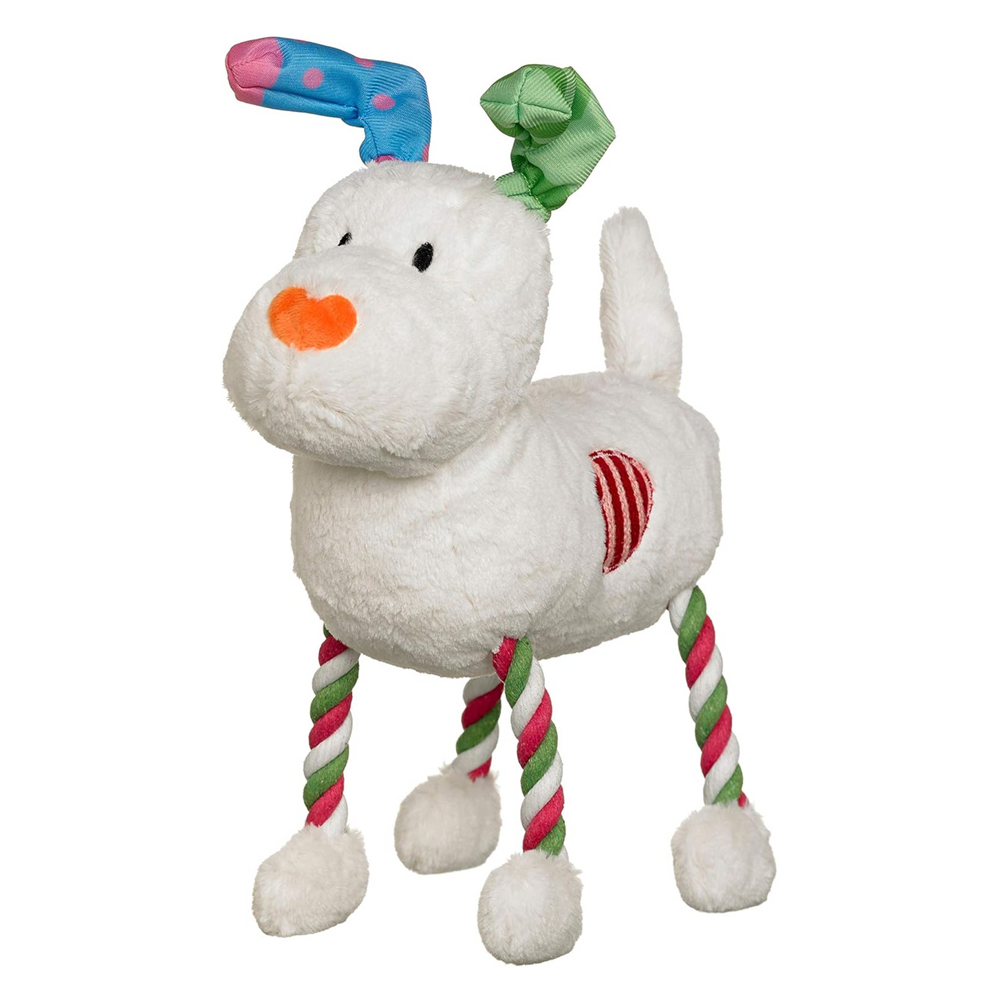 A plush snowdog toy designed to look like a snowman with a white body, green accents, and a red and blue scarf. The toy has a squeaker inside and rope legs for fetch.