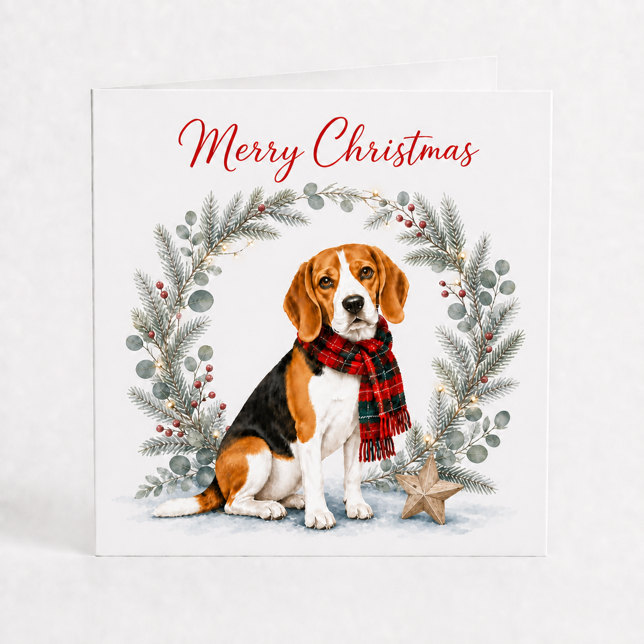 A square Christmas greeting card featuring an illustration of a beagle dog wearing a red plaid scarf, seated within a green pine and eucalyptus wreath with red berries. The card reads 'Merry Christmas' in red script at the top and is photographed standing against a light neutral background.