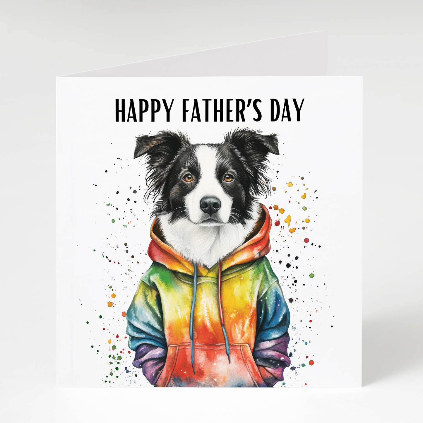 Black Border Collie wearing colourful hoodie Father’s Day greeting card for dog dads and Border Collie lovers