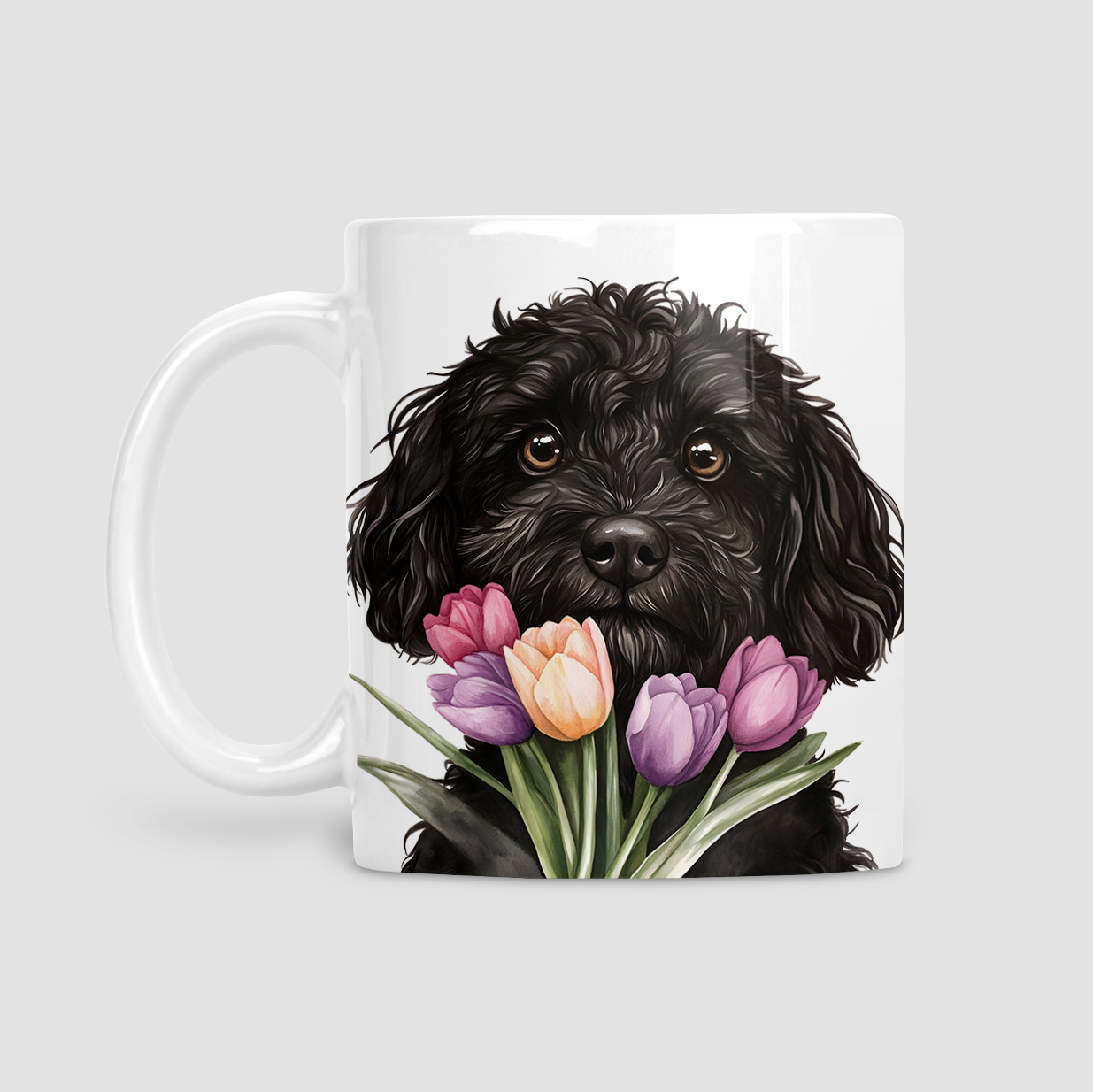 Black Cockapoo with Tulips Mug