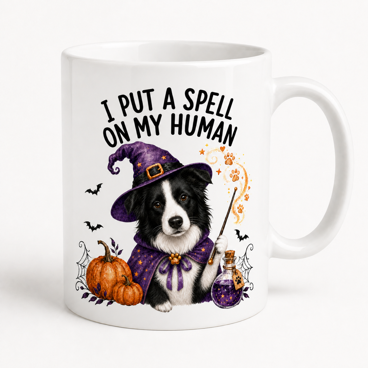 White Border Collie Halloween mug with witch dog, pumpkins and I Put a Spell on My Human quote