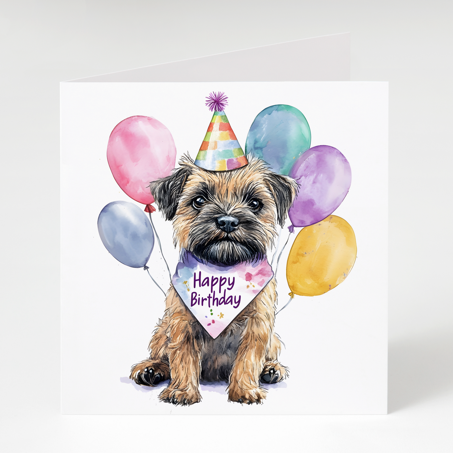 Border Terrier birthday card with party hat and bandana cute dog happy birthday card