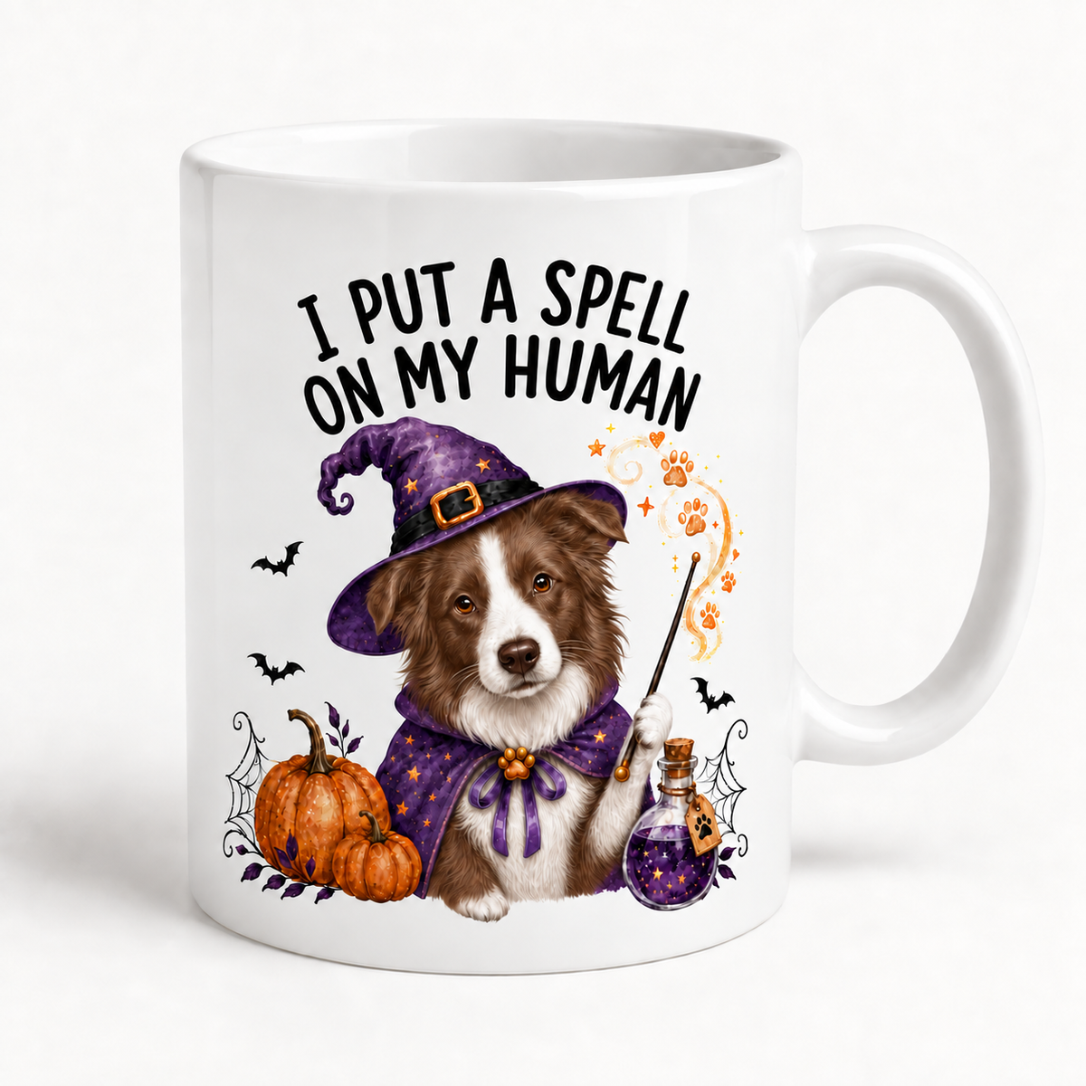 Brown Border Collie Halloween Mug – I Put a Spell on My Human