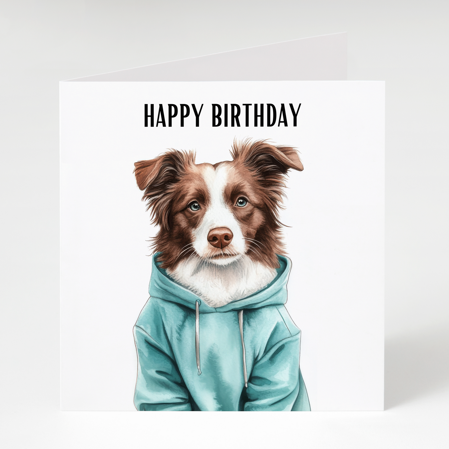 Brown and White Border Collie in Hoodie Birthday Card