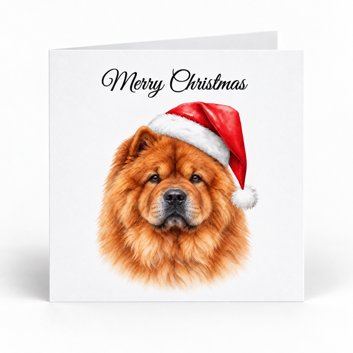 A square Christmas greeting card with a white background, featuring an illustration of a fluffy brown dog wearing a red Santa hat and the text 'Merry Christmas' in black script at the top.