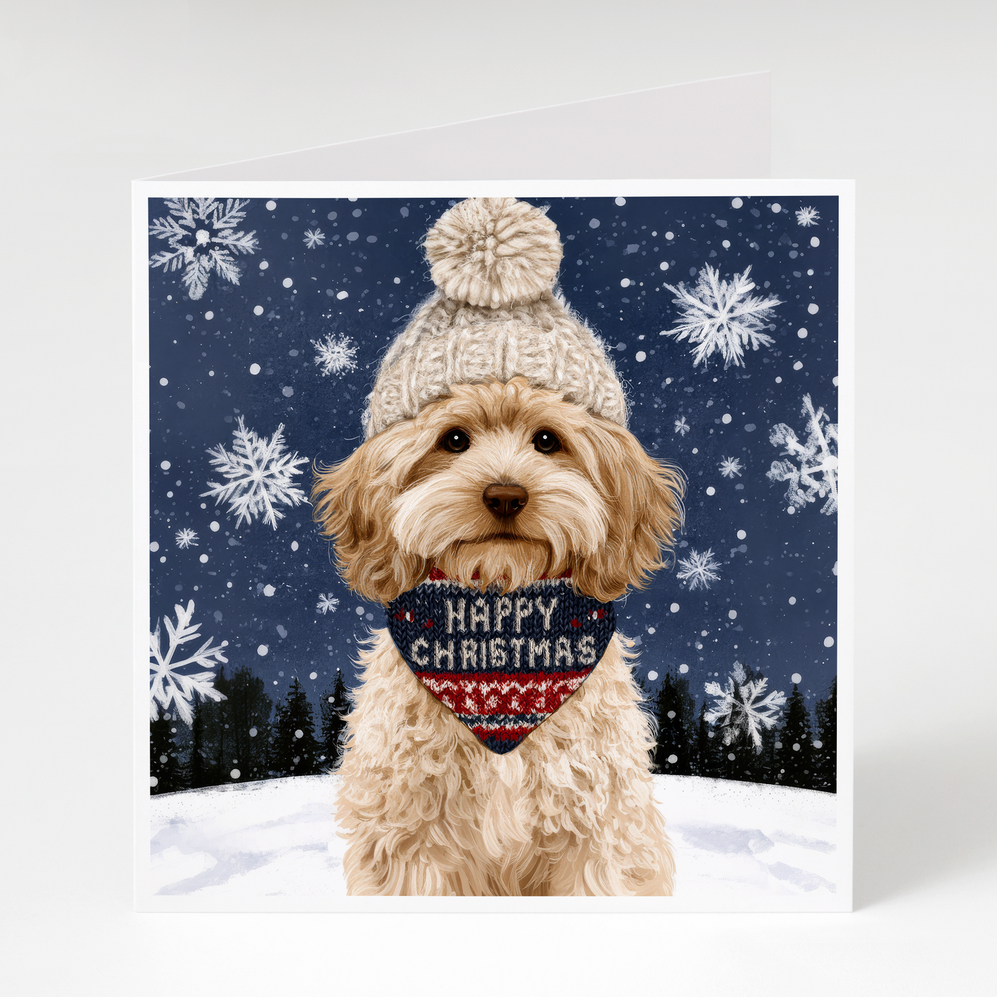 Pack of 5 Christmas cards featuring a cute Cockapoo wearing a festive bandana, perfect for Cockapoo owners, dog lovers, and holiday greetings.