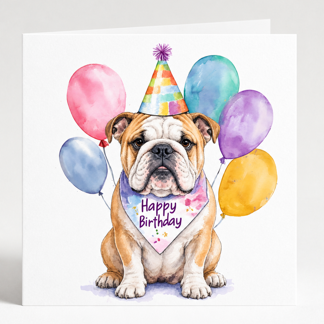 A square white greeting card featuring a watercolor illustration of a bulldog wearing a colorful party hat and a pink bandana that says 'Happy Birthday,' surrounded by pastel balloons in pink, blue, teal, purple, and yellow.