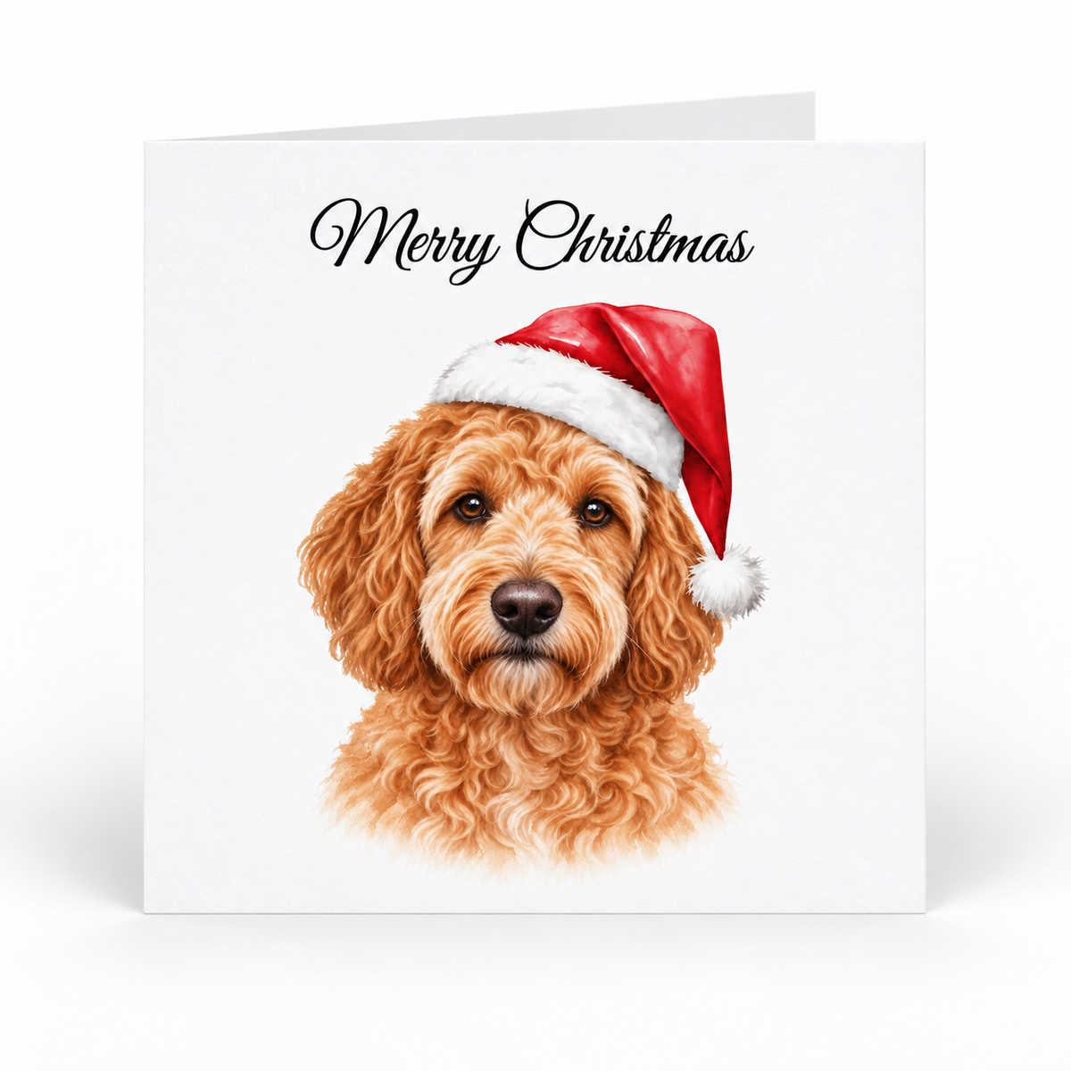 A square white Christmas greeting card with the words 'Merry Christmas' in black script at the top and an illustration of a curly-haired brown dog wearing a red Santa hat on the front, shown against a light gray background.