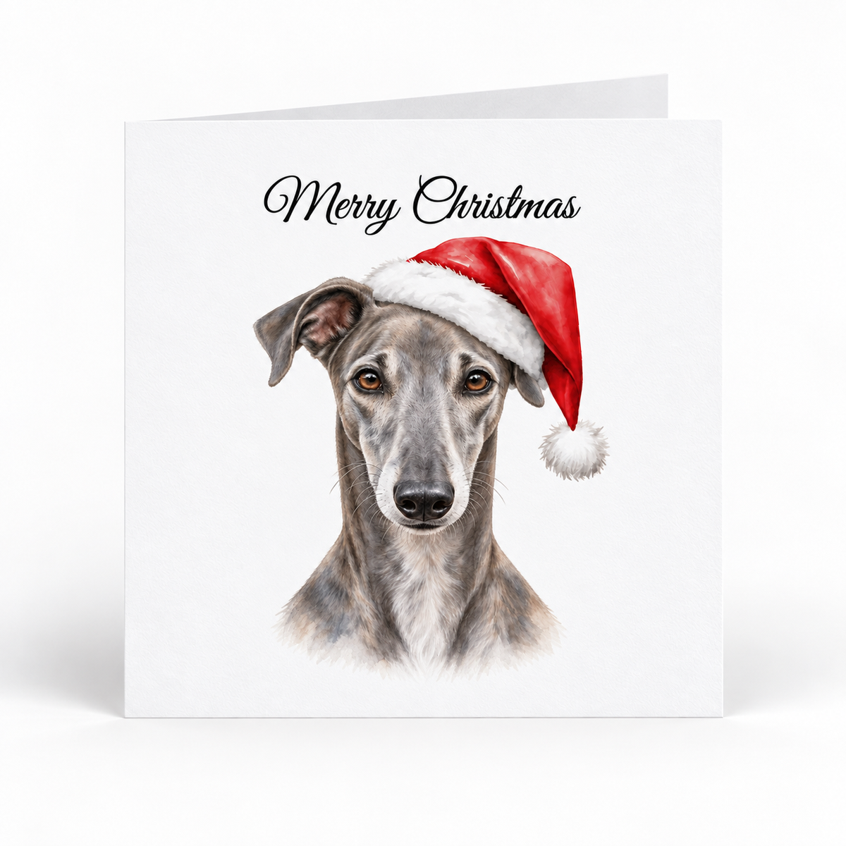 greyhound wearing a Santa hat christmas card pack of 5
