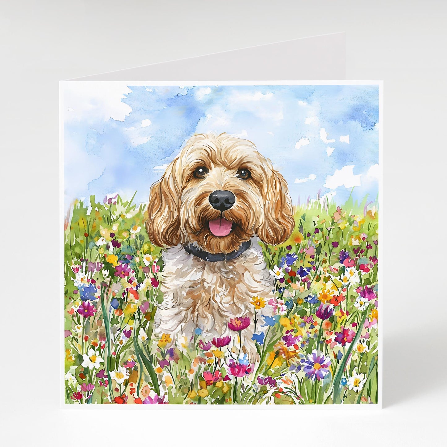 Cockapoo Birthday card sitting in a field of wildflowers greeting card, blank inside for any occasion