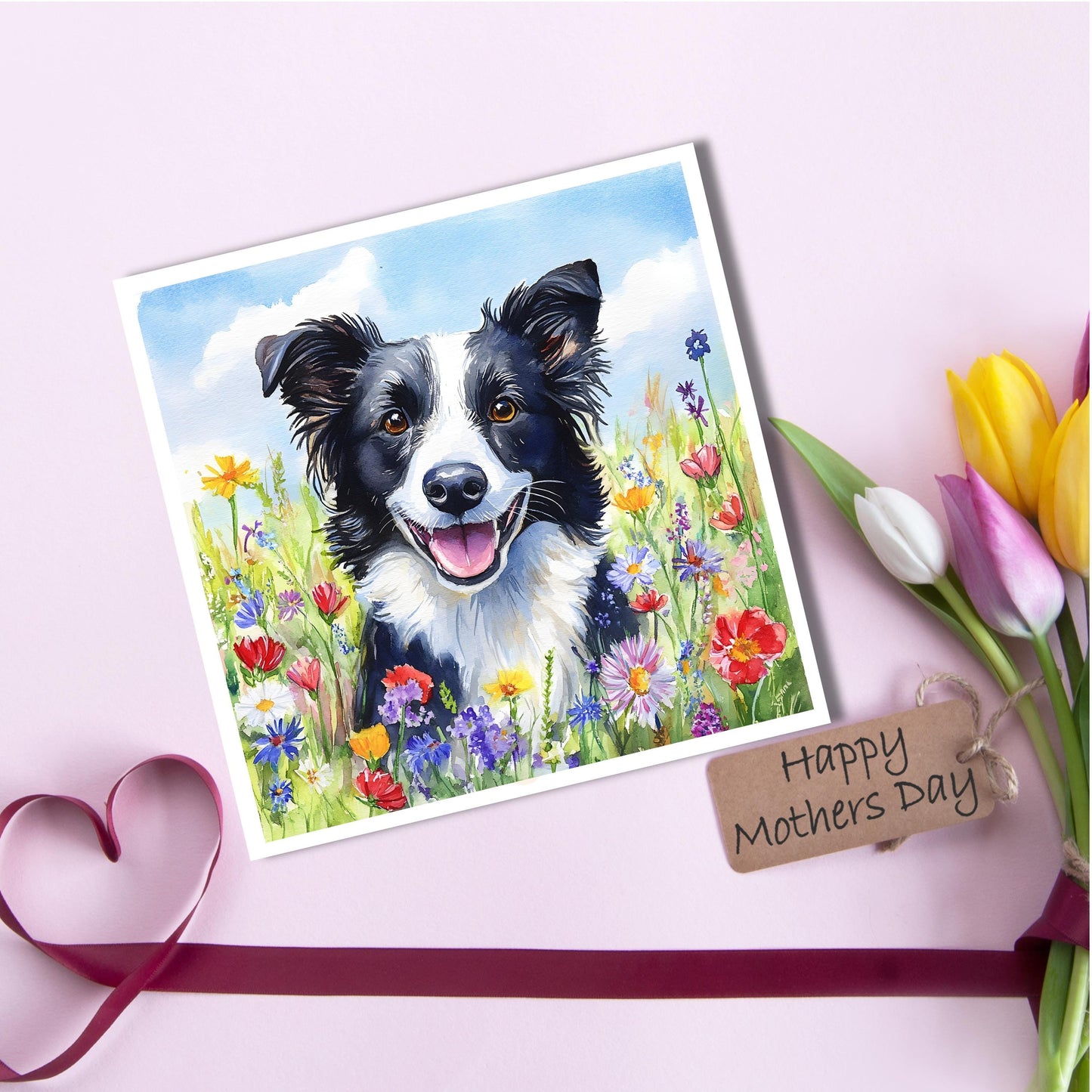 Border Collie with wildflowers Perfect Mother' Day or birthday card for border collie Mums, Border Collie gift, Border Collie card.