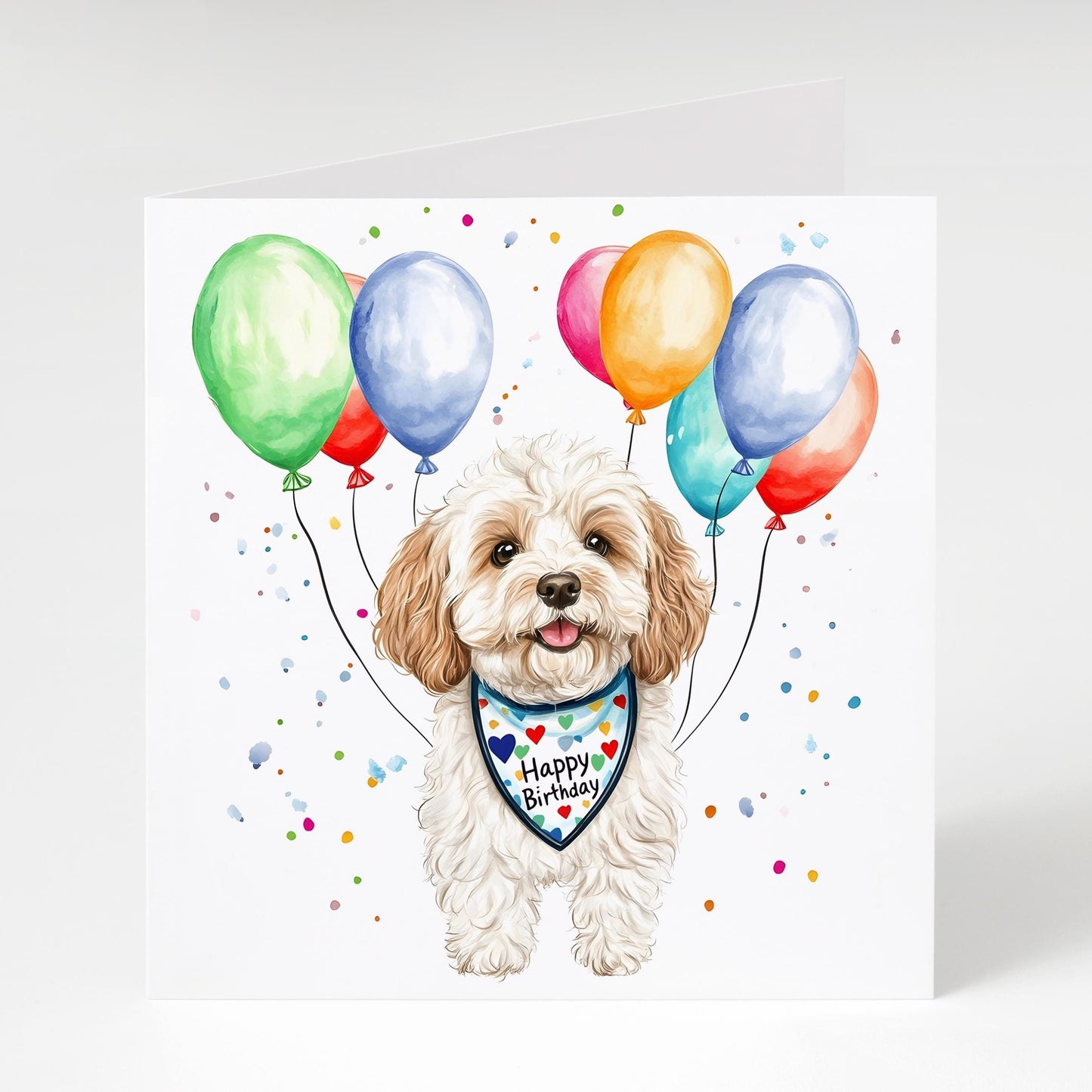 Cockapoo Birthday card, Cockapoo with balloons and bandana, Dog Birthday Card, Cockapoo Lover