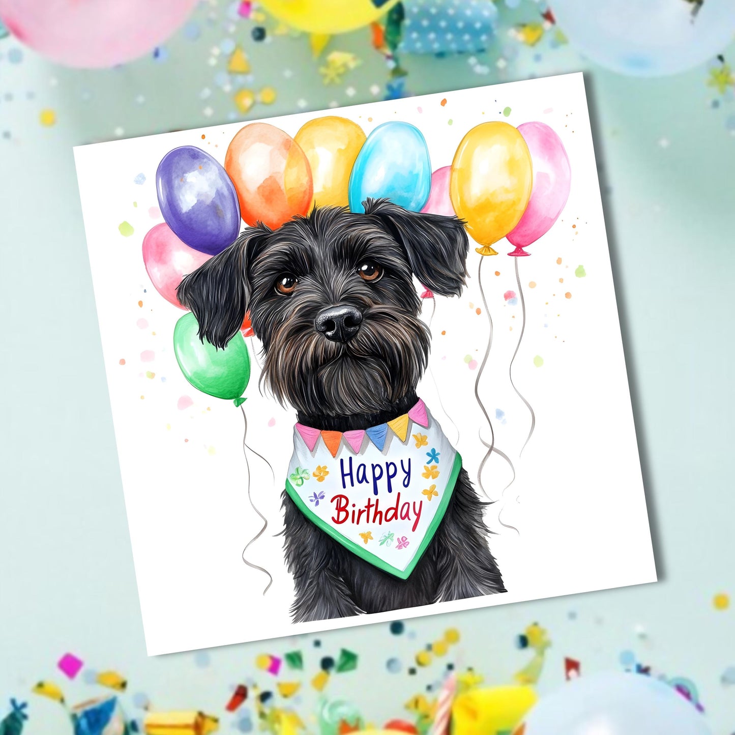Black Schnauzer with balloons and bandana card, Schnauzer gift, Schnauzer card, Schnauzer Mum, Dog lover card