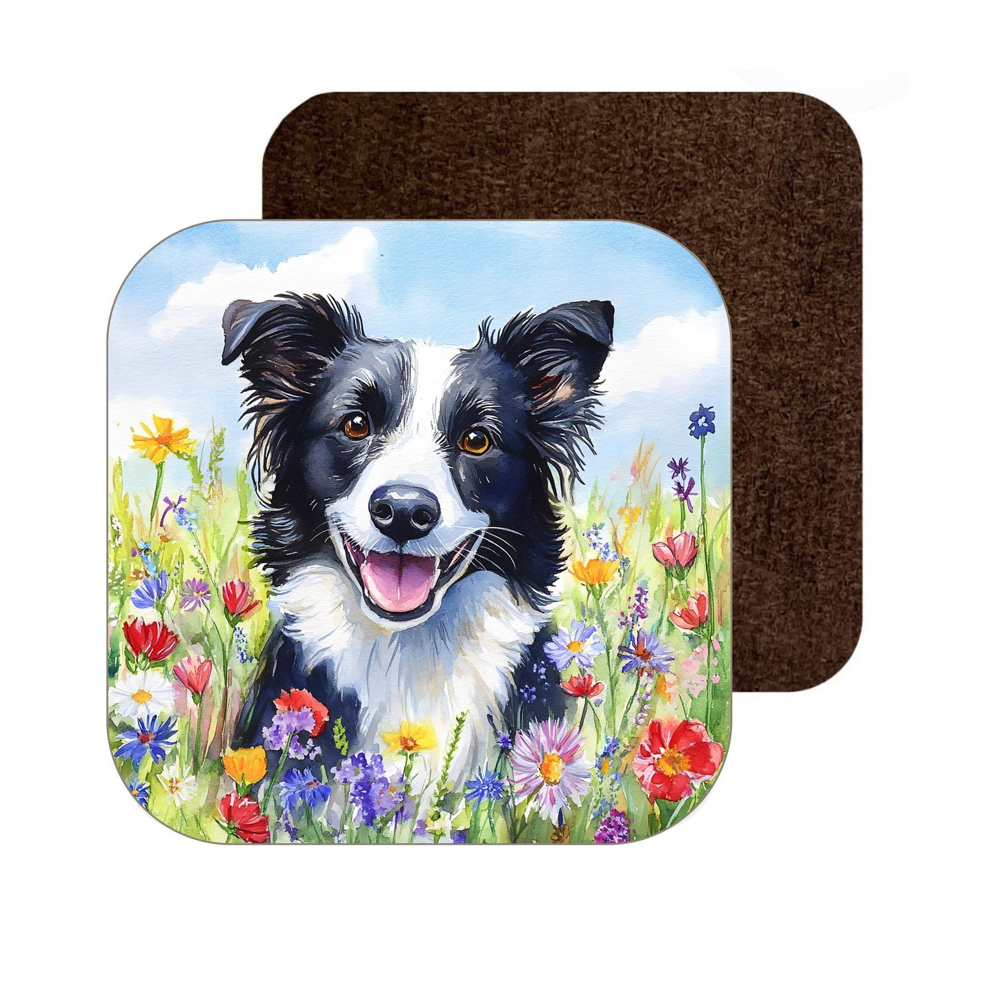 Black border collie with wildflowers watercolour coaster, cute wooden coaster perfect gift for border collie lovers