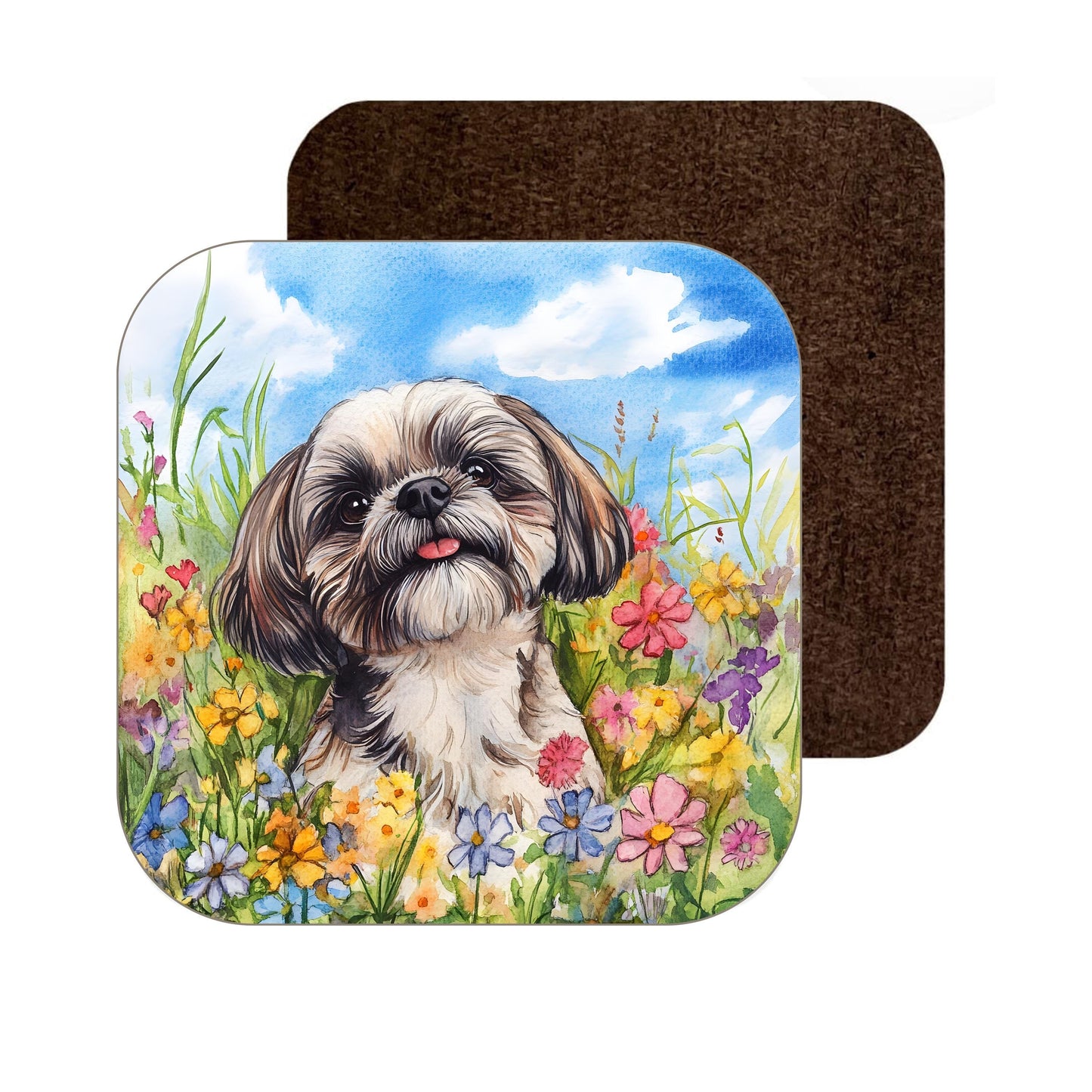 Shih Tzu with wildflowers watercolour coaster, cute wooden coaster perfect gift for Shih Tzu lovers