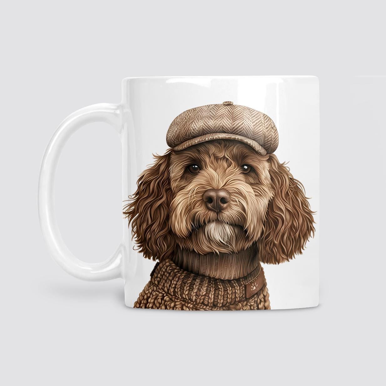 Cockapoo in flat cap mug