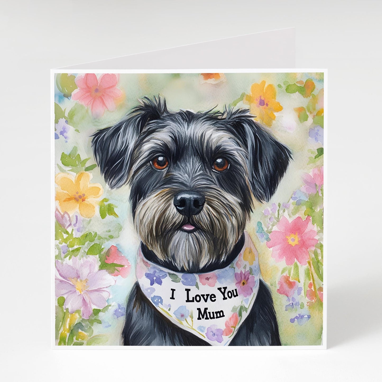 Schnauzer Mother's Day card featuring an adorable Schnauzer wearing a bandana saying "I love you Mum" Perfect for Schnauzer loving Mums.