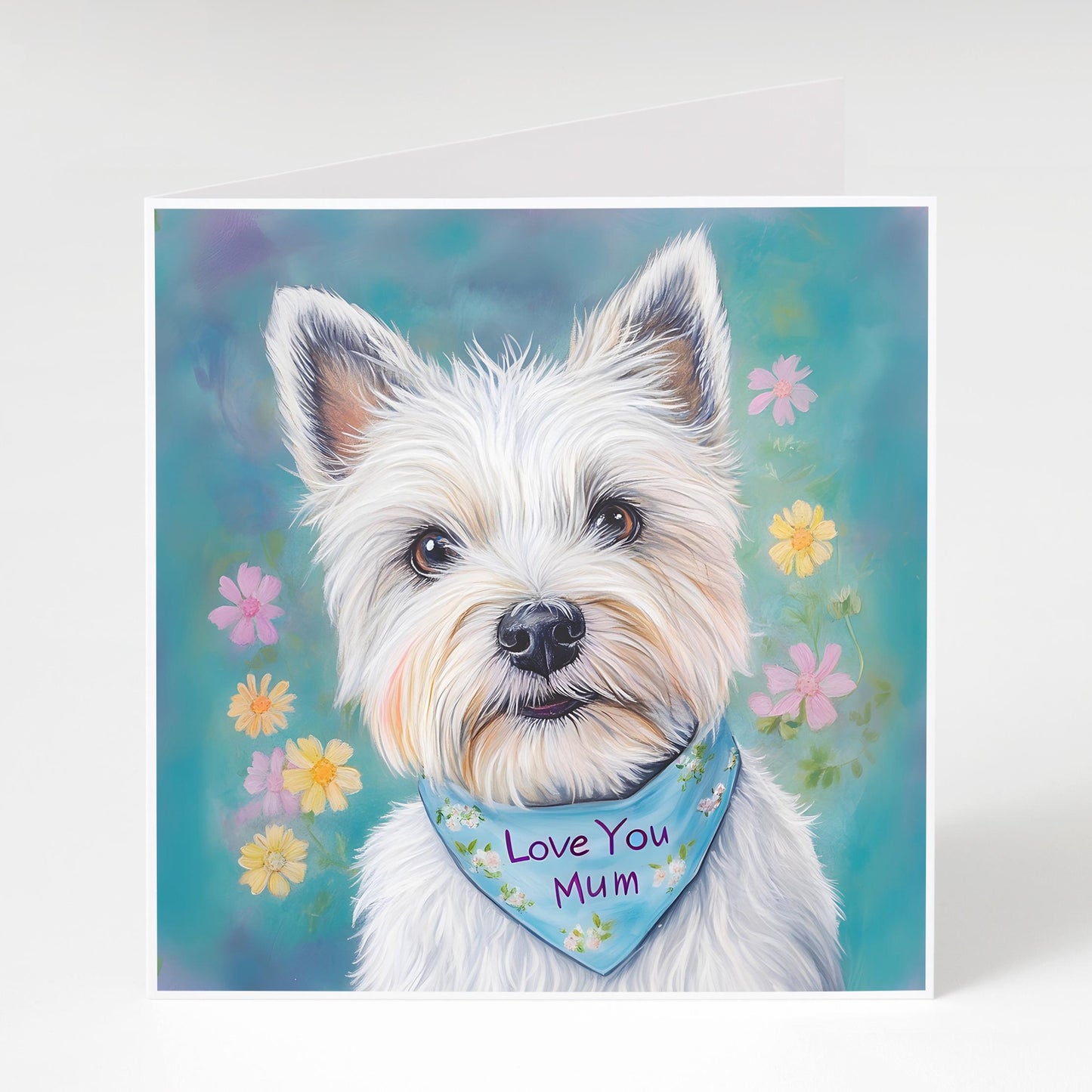 Greeting card featuring a cute West Highland Terrier wearing a "Love You Mum" bandana. Perfect for Westie dog mums on Mother's Day or birthdays.