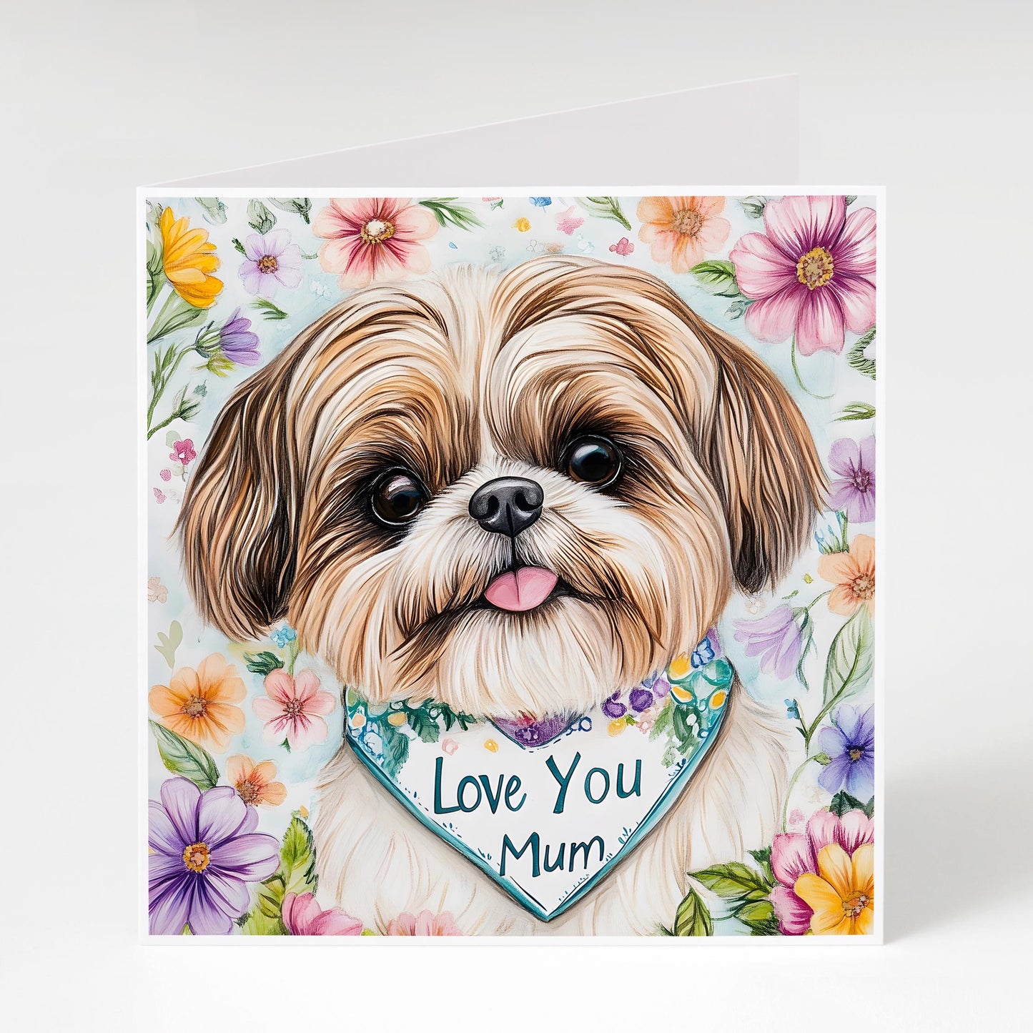 Shih Tzu Mother's Day card with Shih Tzu wearing a bandana saying "love you Mum" Perfect for Shih Tzu loving Mums.