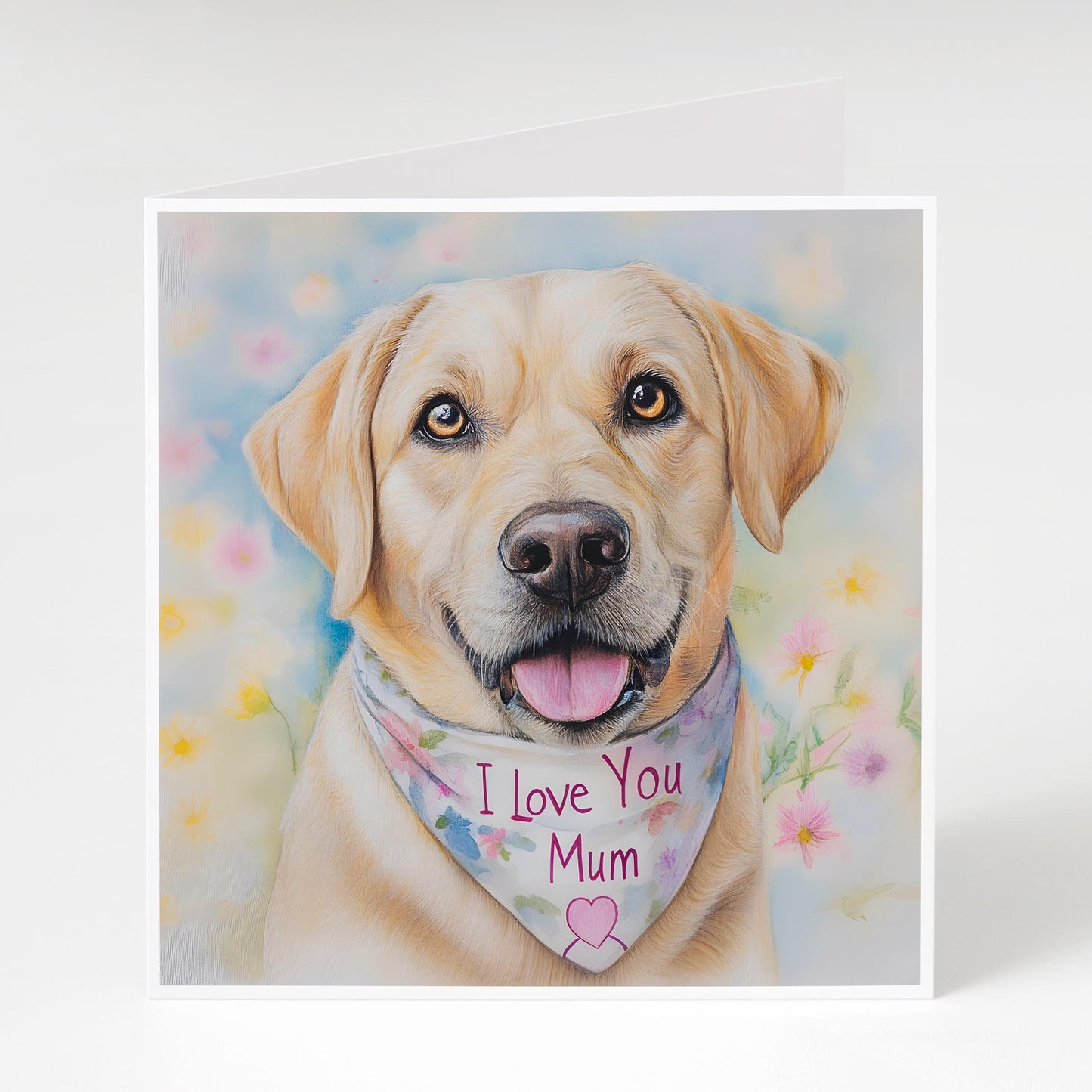 Cute Labrador Mother's Day card featuring an adorable Labrador wearing a bandana saying "I love you Mum" Perfect for Labrador loving Mums