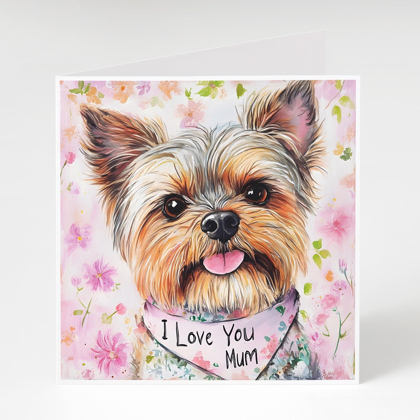 Yorkshire Terrier Mother's Day card featuring an adorable Yorkie wearing a bandana saying "I love you Mum" Perfect for Yorkie loving Mums.