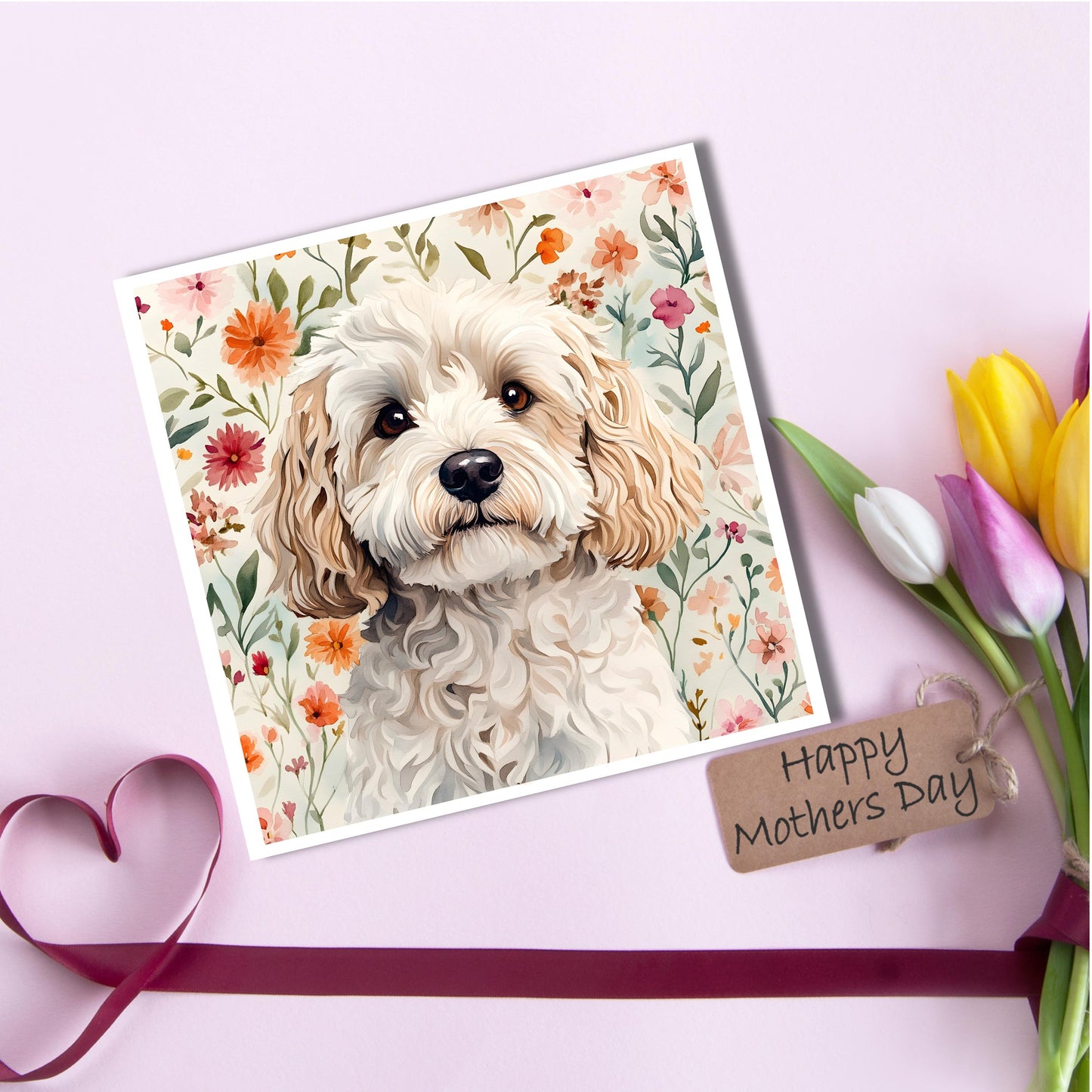 Cockapoo floral card, Perfect Mother's Day card or birthday card for Cockapoo Mums. Blank inside so can be used for any occasion.
