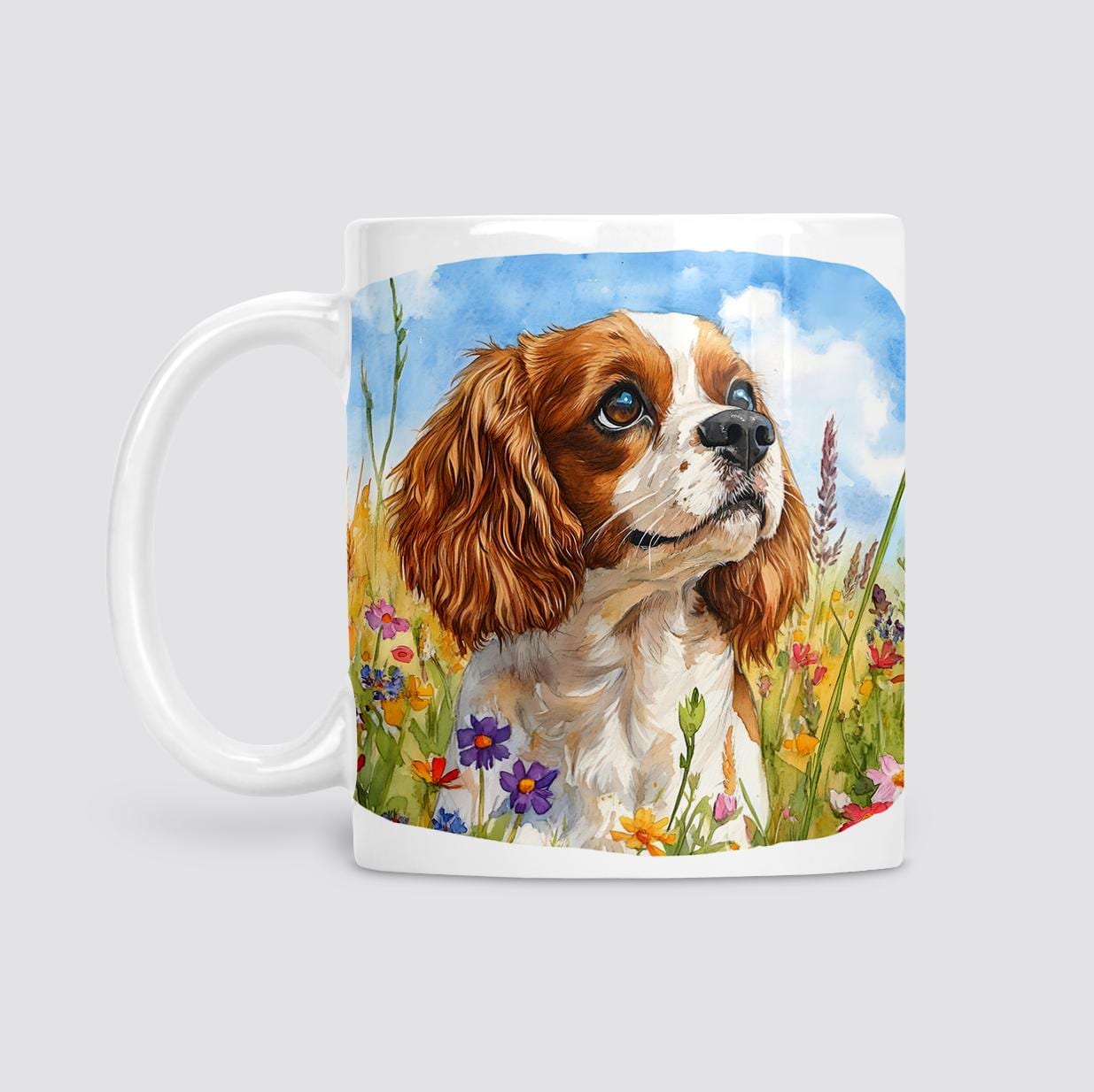 Cavalier King Charles Spaniel (CKCS) with wildflowers mug, Mother's Day gift, Birthday gift, 11oz ceramic mug.