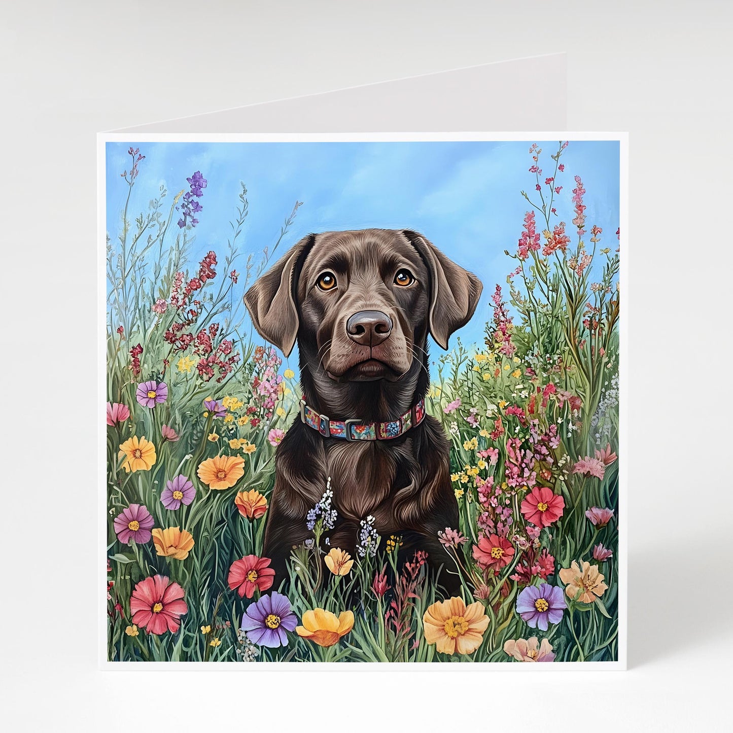 Brown Labrador with wildflowers card, Perfect Mother's Day card or birthday card for Labrador Mums.