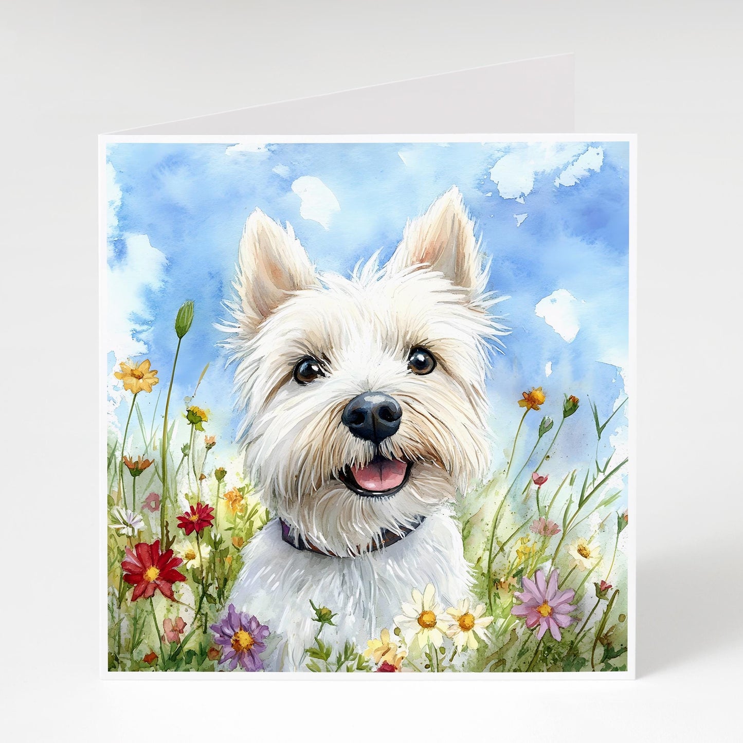 Westie with wildflowers. Perfect Mother's Day or Birthday card for Westie Mums or any West Highland Terrier lover.
