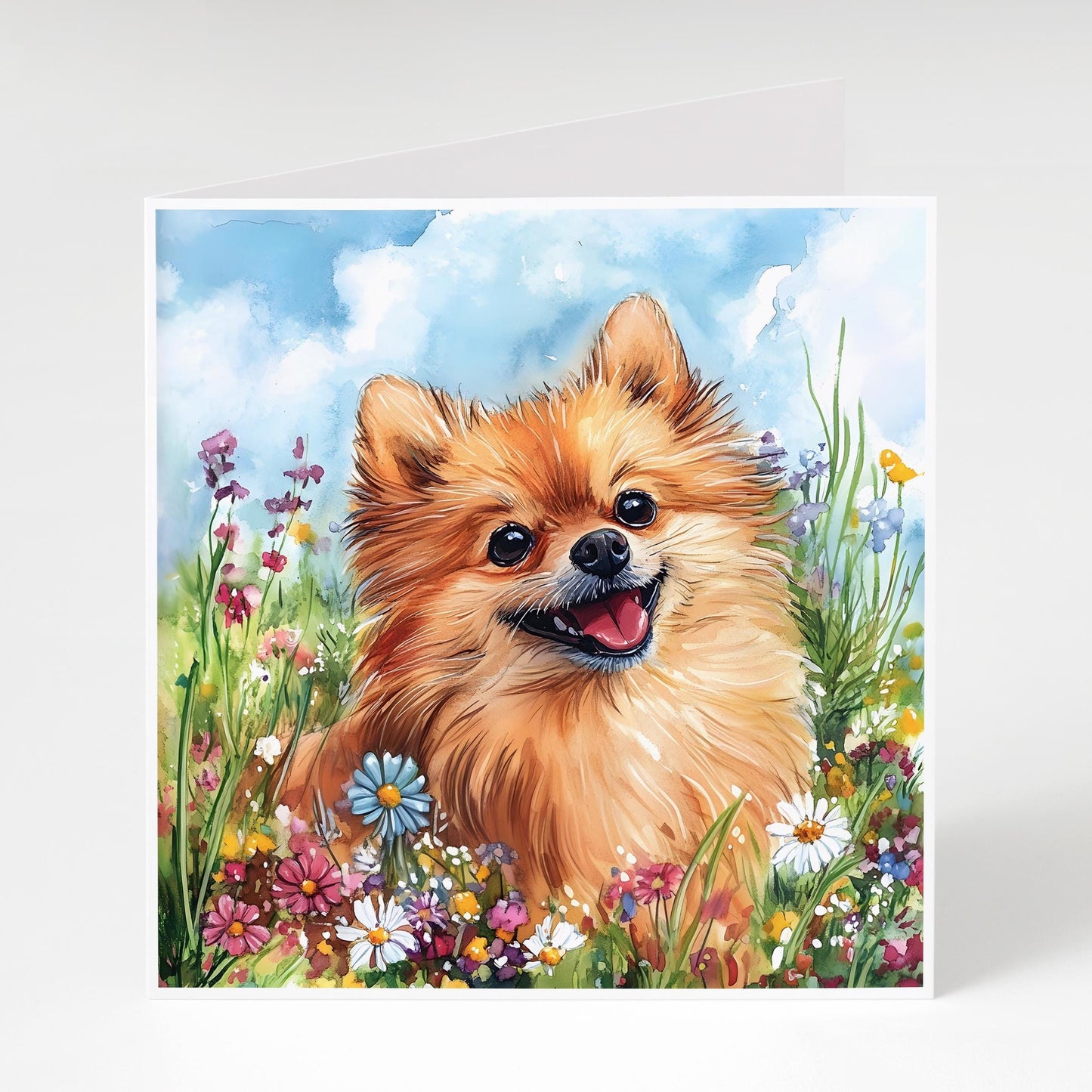 Pomeranian with wildflowers card. Perfect Mother's Day or Birthday card for Pomeranian Mums or any Pomeranian lover.