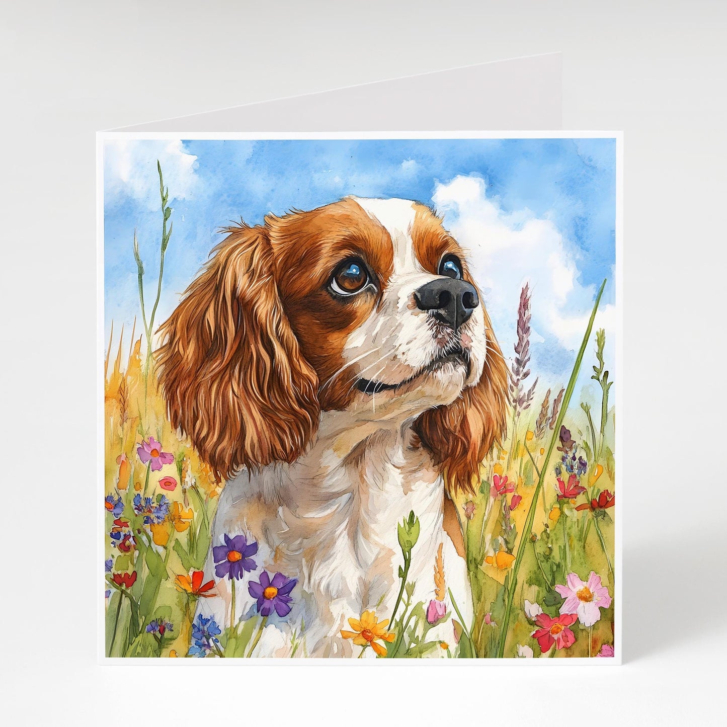 King Charles Spaniel with wildflowers. Perfect Mother's Day or Birthday card for King Charles Spaniel Mums.