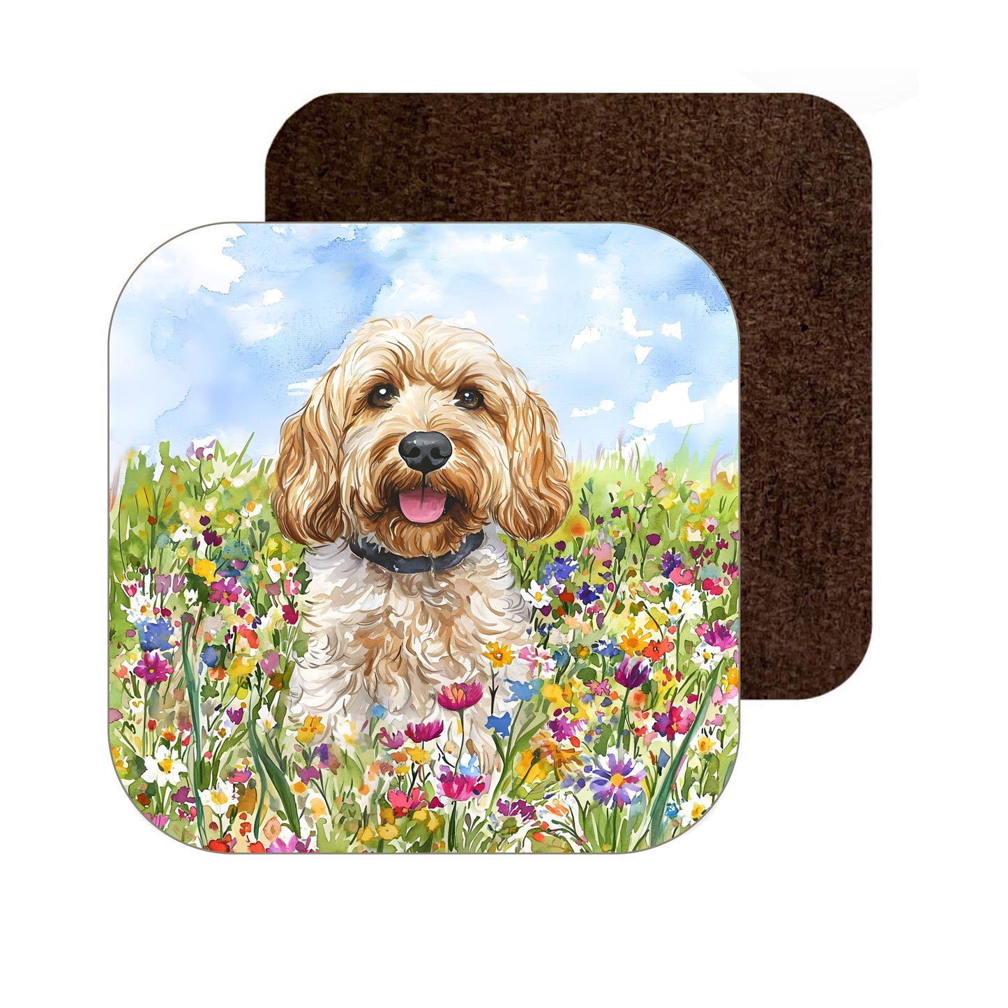 Cockapoo with wildflowers watercolour coaster, cute wooden coaster perfect gift for cockapoo lovers