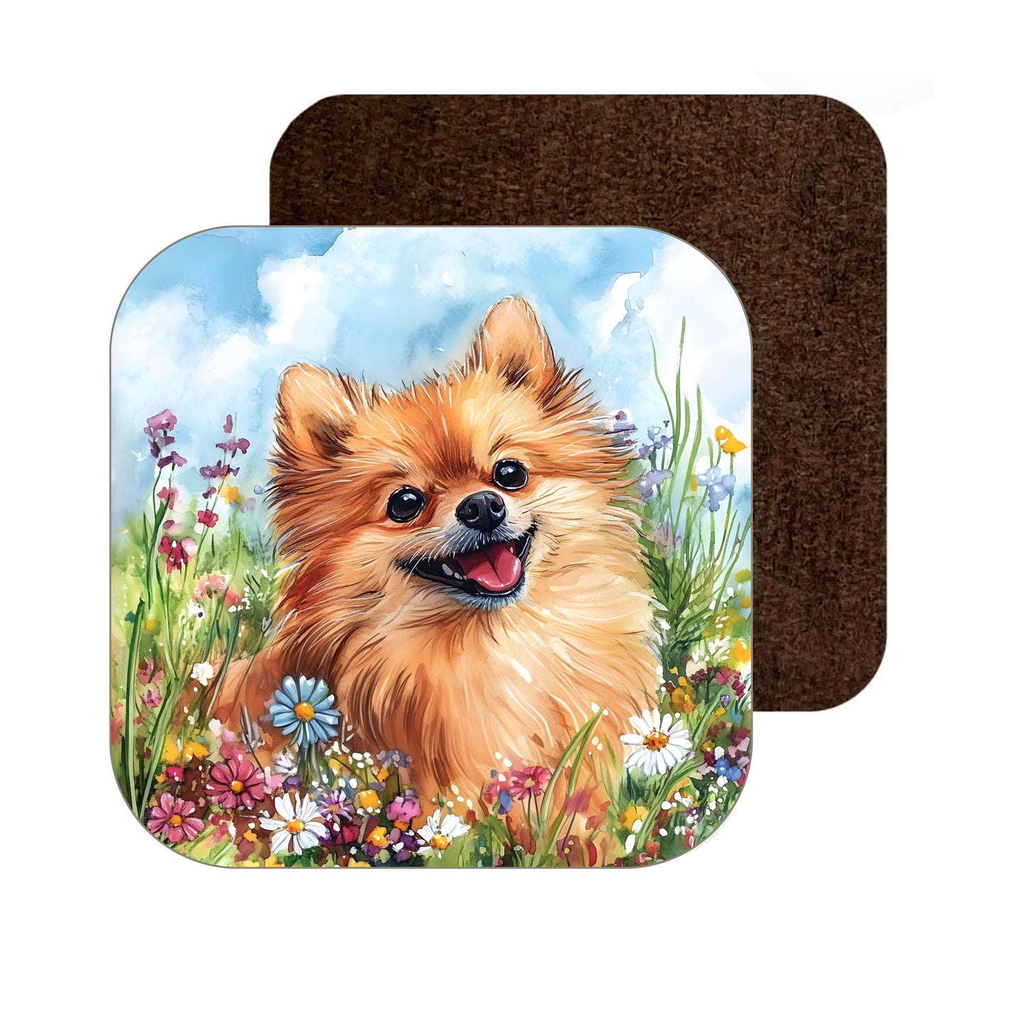 Pomeranian dog with wildflowers watercolour coaster, cute wooden coaster perfect gift for Pomeranian lovers