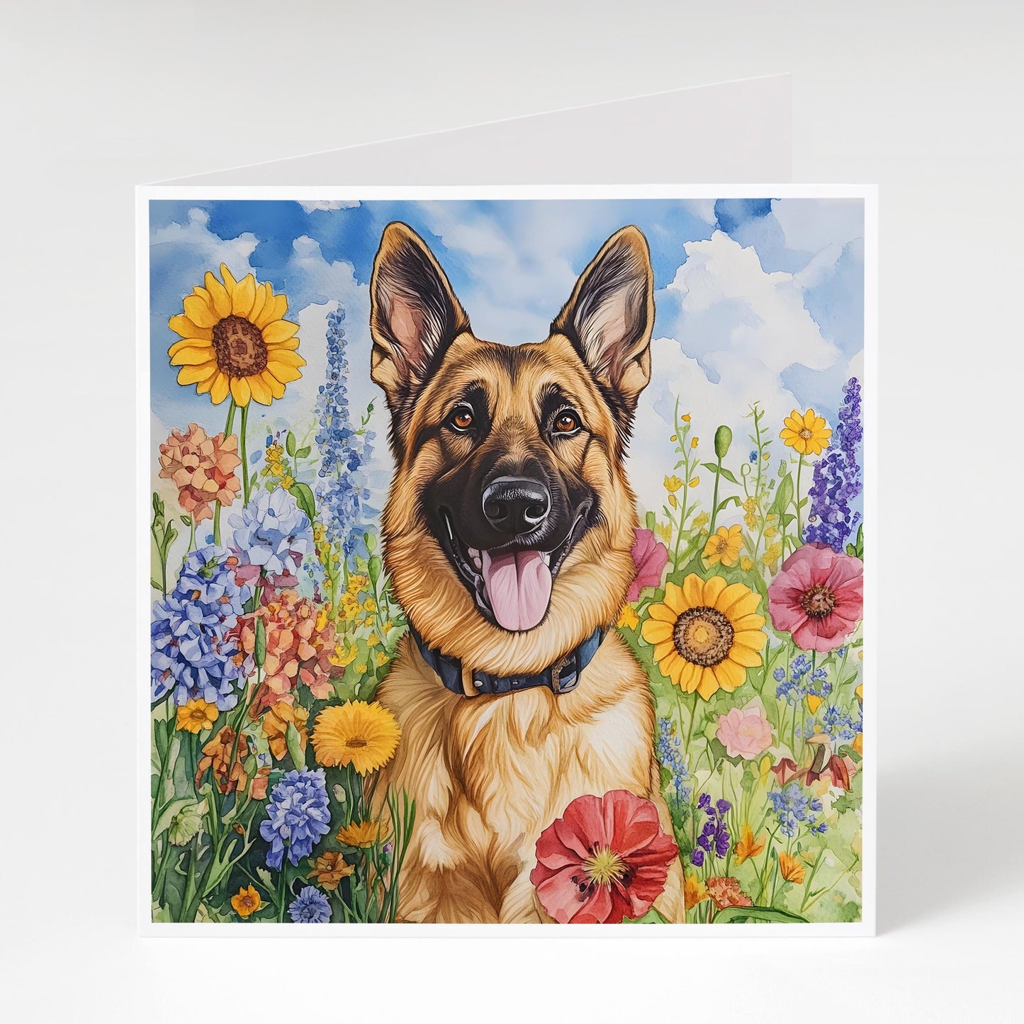 German Shepherd card with wildflowers, perfect Mother's Day or birthday card for German Shepherd lovers or dog Mums.