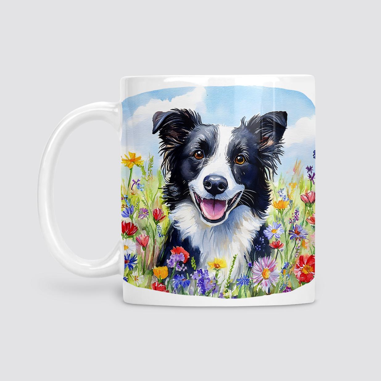 Border Collie with wildflowers mug, Mother's Day gift, Birthday gift, border collie Mum, 11oz ceramic mug, Black and white Border Collie