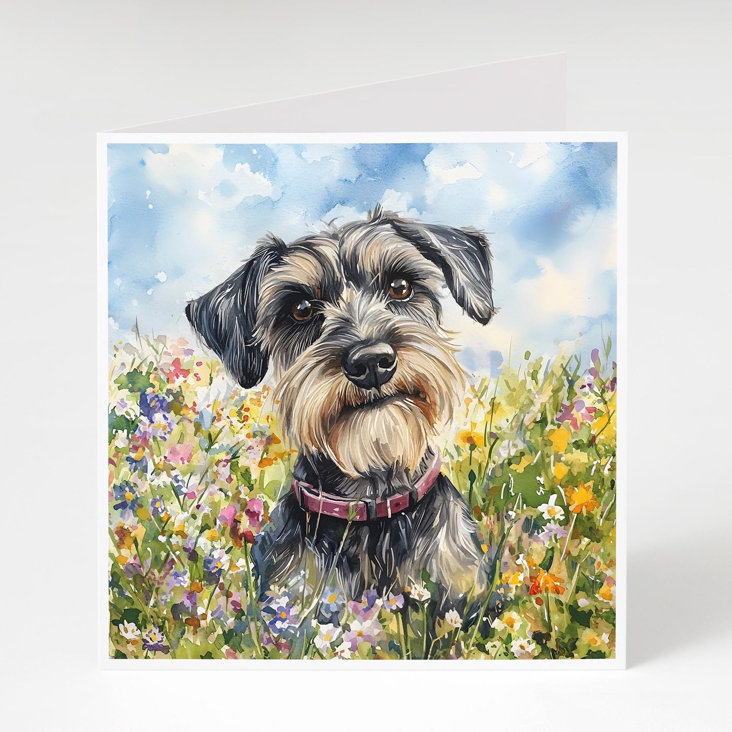 Schnauzer with wildflowers card, Mother's Day card or birthday card for Schnauzer Mum. Blank inside so can be used for any occasion.