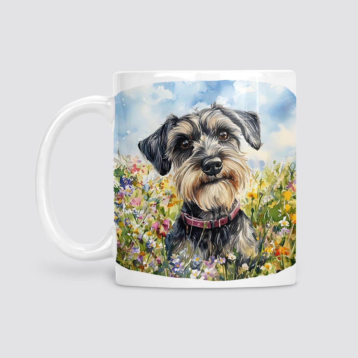 Schnauzer with wildflowers mug, Mother's Day gift, Birthday gift, Schnauzer Mum, 11oz ceramic mug.