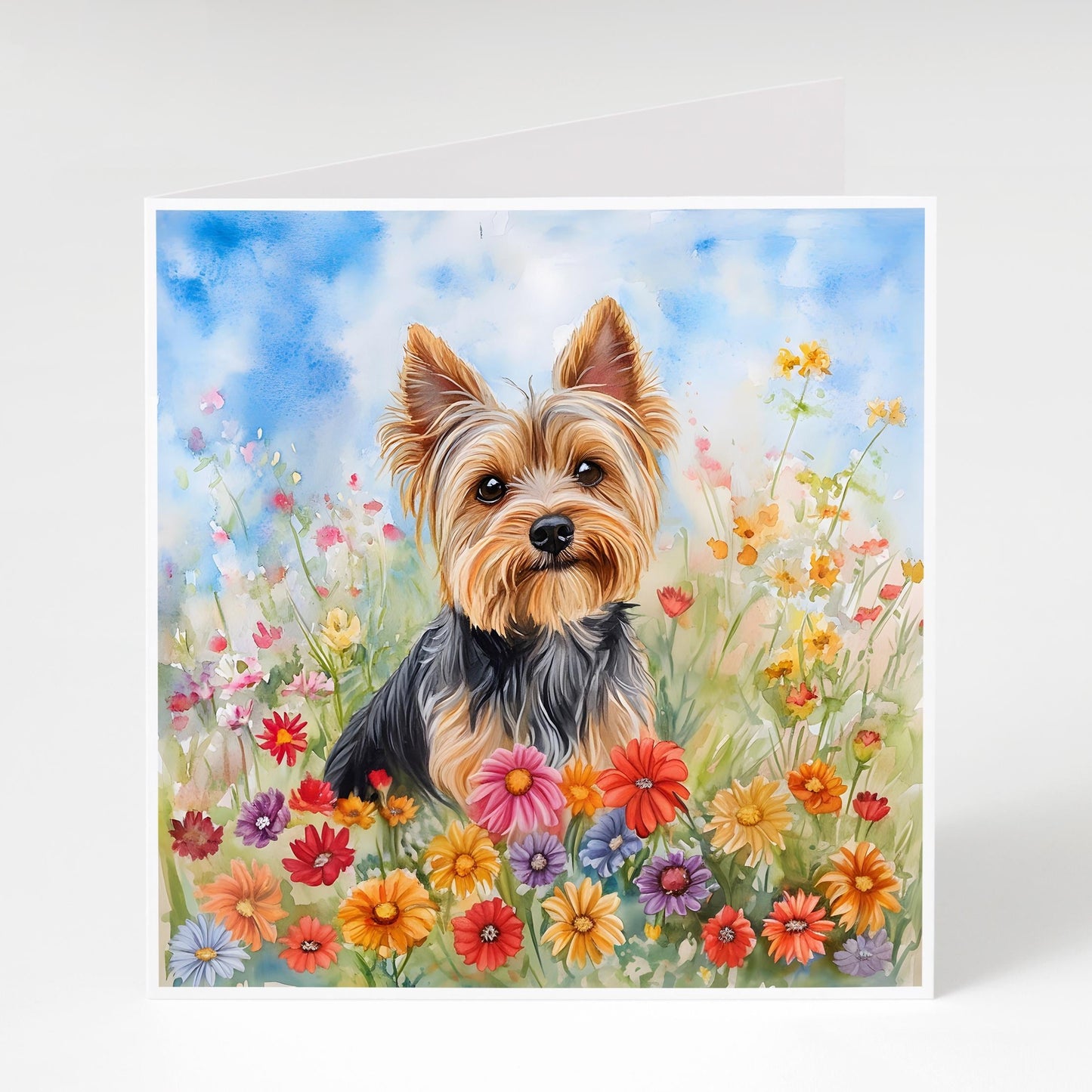 Yorkshire terrier with wildflowers card. Perfect Mother's Day card or birthday card for Yorkie Mums. Matching mug and coaster available.