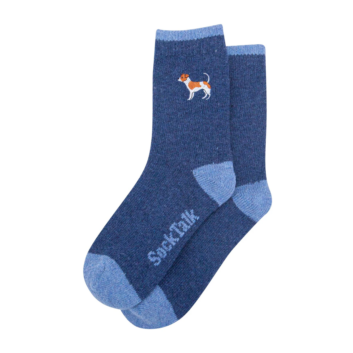 Jack Russell Embroidered Wool Socks in Blue