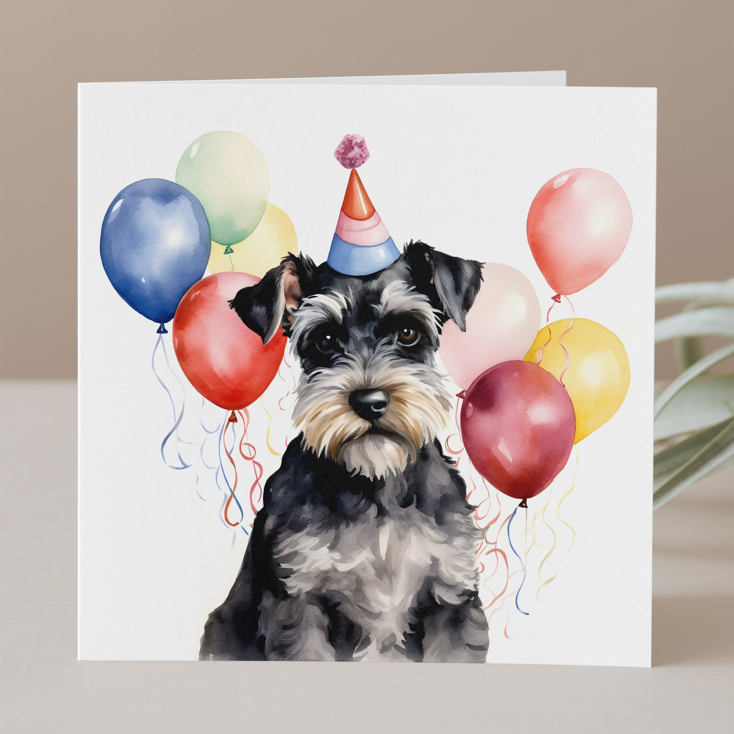 Schnauzer birthday card featuring a Schnauzer wearing a party hat with balloons, perfect for dog lovers