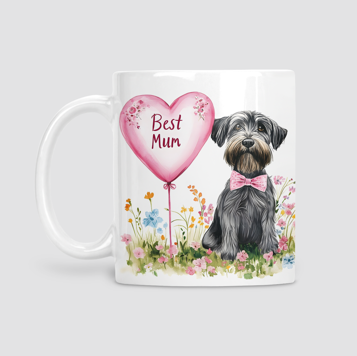 Mug with a schnauzer illustration, heart balloon, and floral design on a white background