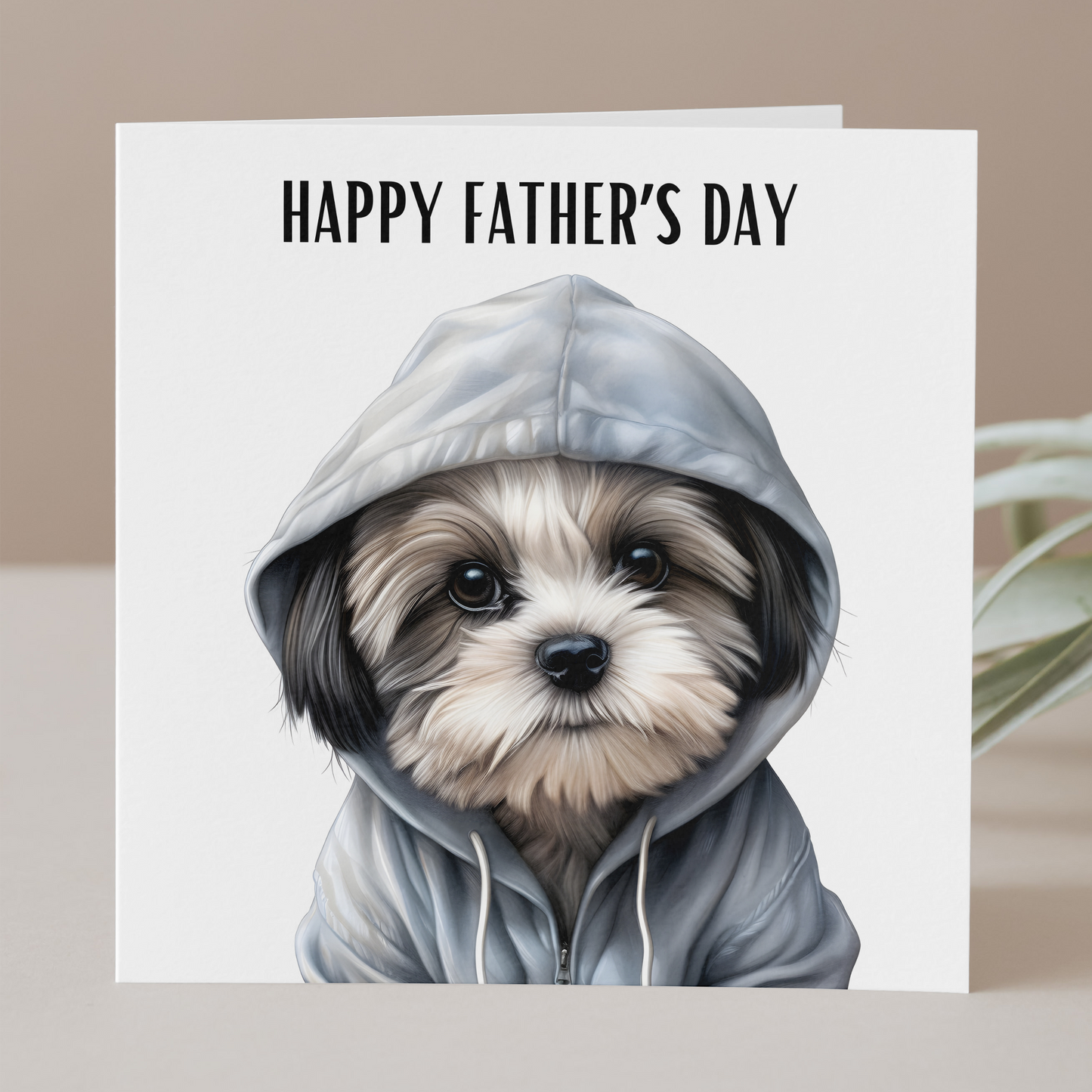 Shih Tzu Fathers day card for dog dads, shih tzu wearing a hoodie for dads and grandads from the dog