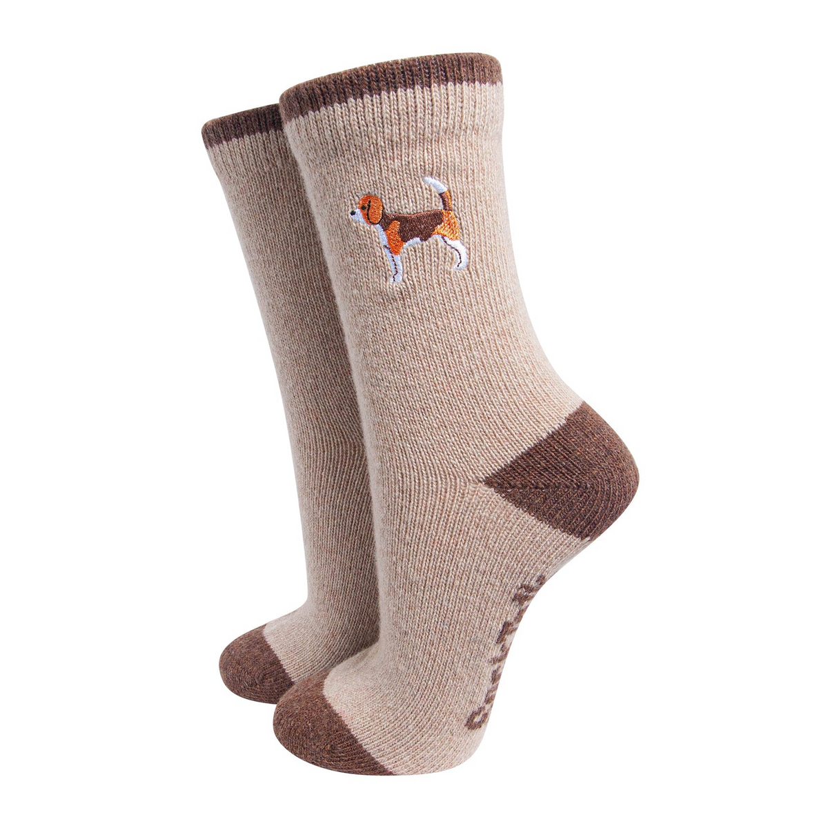 Beagle Embroidered Wool Socks in Oatmeal