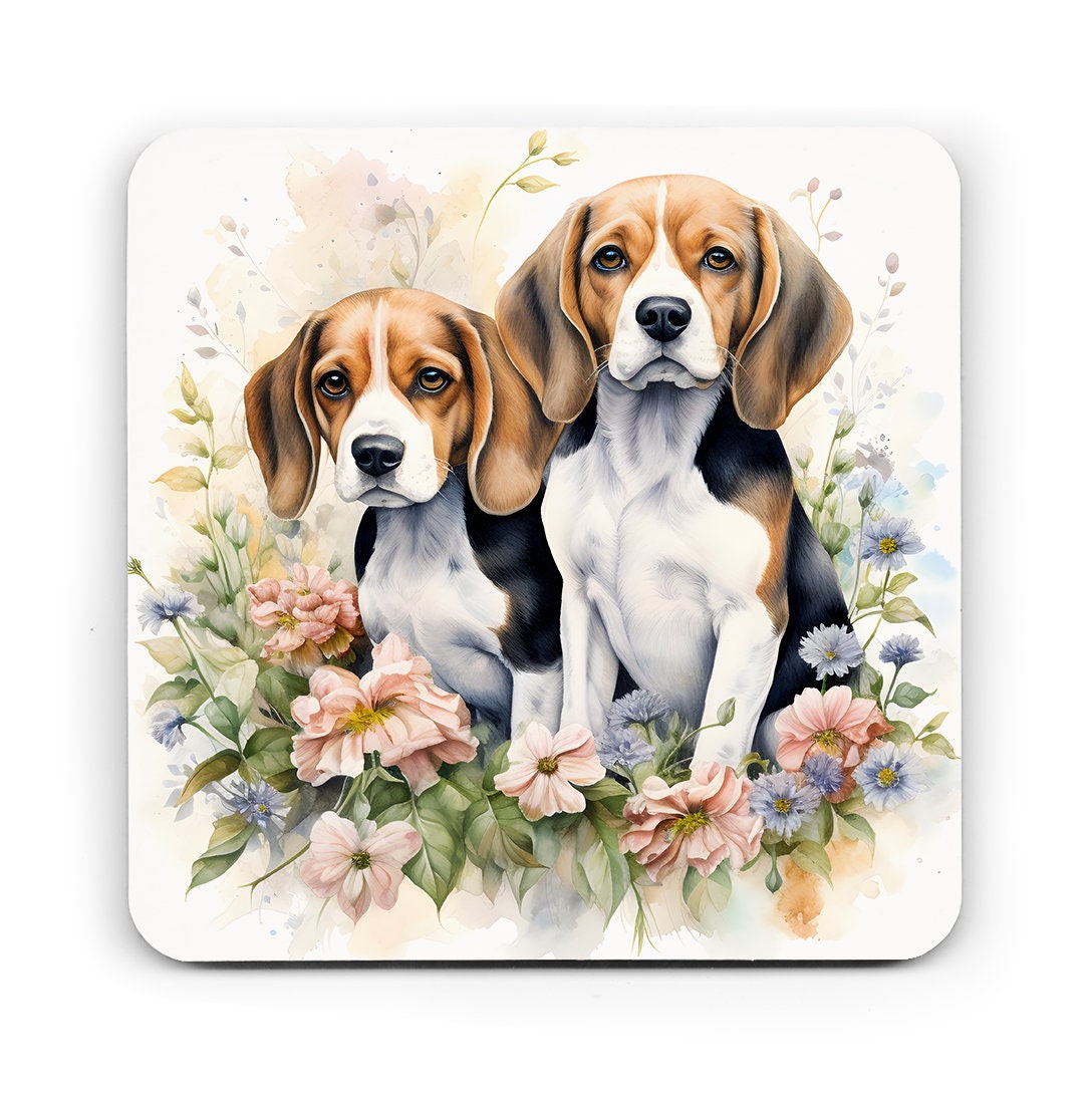 Beagle coaster, Beagle lover gift, Beagles with flowers, Beagle, dog coaster, coaster, watercolour coaster, dogs, gift for mum, dog gift