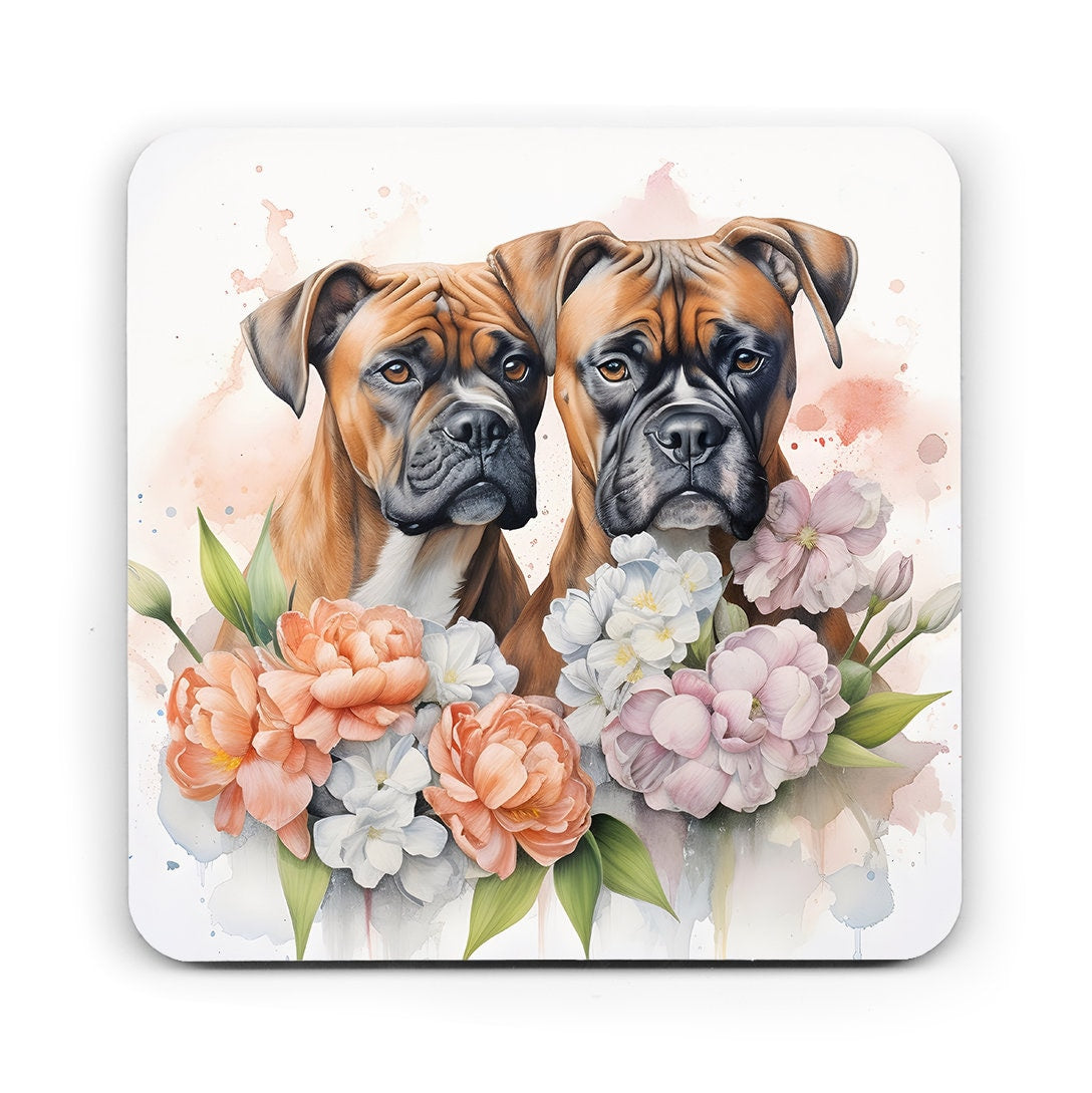 Boxer coaster, Boxer lover gift, Boxer, dog coaster, coaster, watercolour coaster, dogs, dog mum, dog gift, Boxer gift, Boxer with flowers