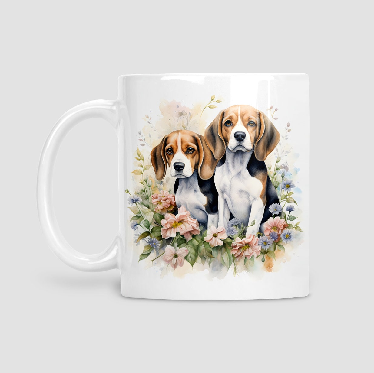 Beagles with flowers mug, Beagle, Dog lover gift, Beagle gift, watercolour mug, gifts, Cup, Mug for Her, Mug for Him, Gifts for Dog Lovers